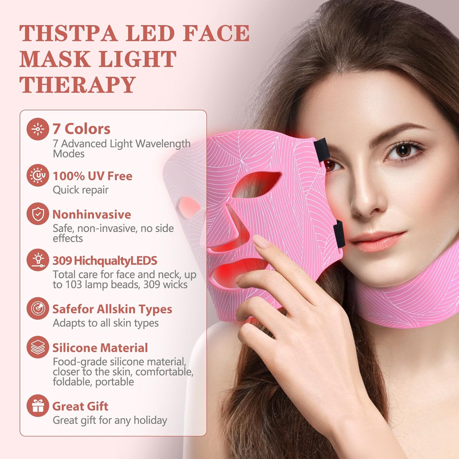 Led Face Mask Light Therapy,Red Light Therapy for Face and Neck,7 Colors LED Facial Skin Care Mask,5 Level Brightness Adjustment,309 LED Beads Can Be Used at Home,Pink