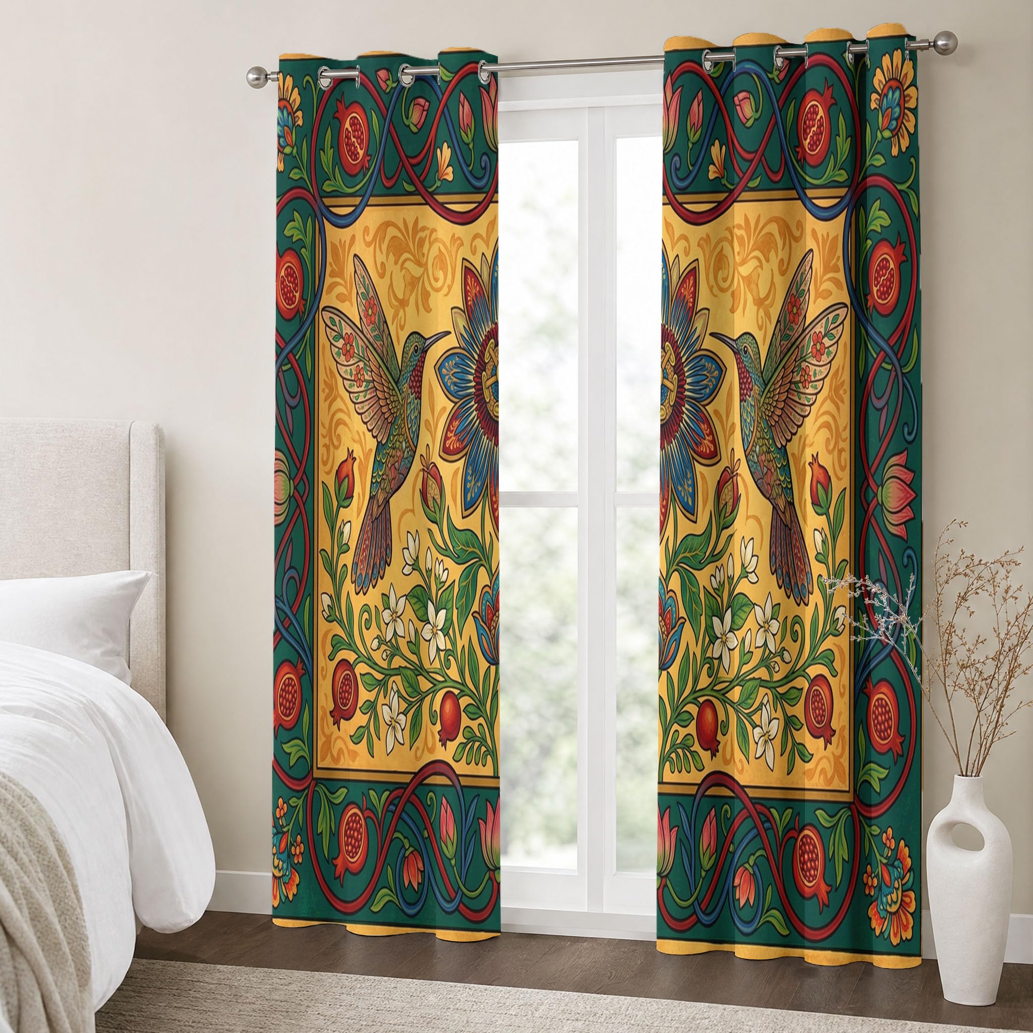 Vorhänge Kolibri Lotus Granatapfel, Verdunkelungsvorhang 2er Set - Retro-Ethno-Stil Vorhang Blickdicht, Thermovorhang Für Deko Wohnzimmer Schlafzimmer, Gardinen Mit ösen H 260 x B 140 cm