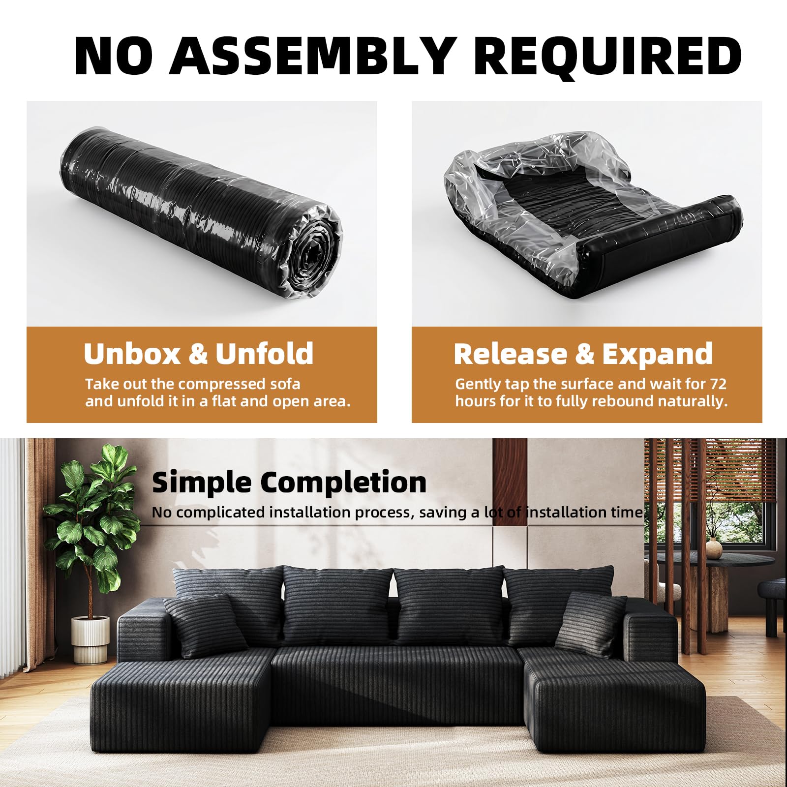 132" U Shaped Modular Boneless Sectional Couch, Corduroy Cloud Sofa | Oversized Sofa with Chaise, No Assembly Required, for Living Room, Black