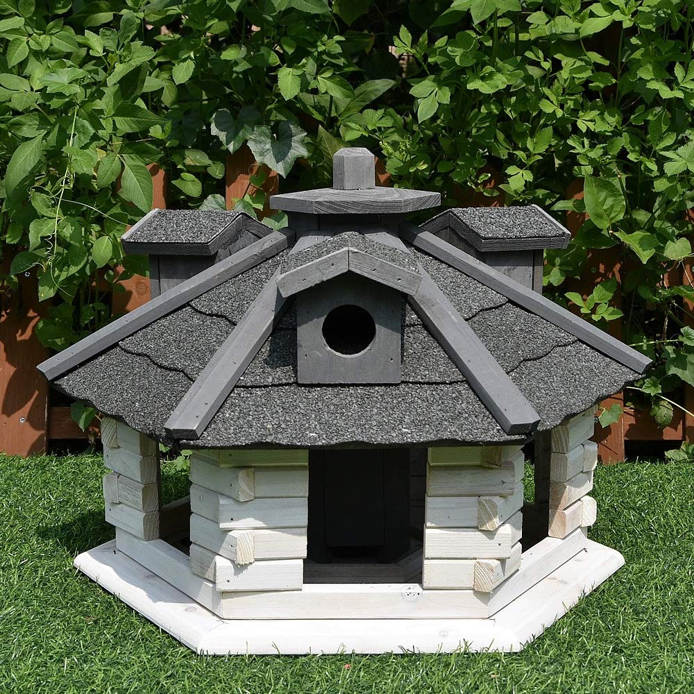 Melko Vogelhaus Vogelfutterhaus 6-eckig 48x48x33 cm Holz mit Futterspender | Dach mit Bitumenschindeln, vorbehandeltes Fichtenholz, 3 Anflugstege, Futter vor Wind und Regen geschützt, in Weiß und Grau
