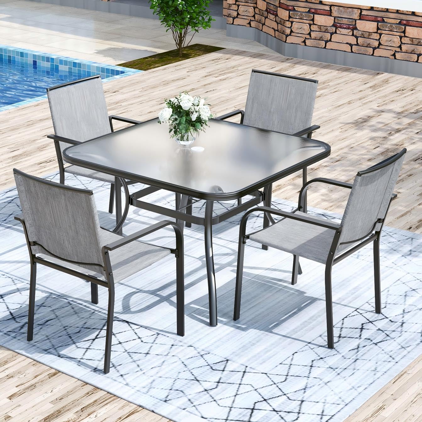 Anmutig 5-Piece Patio Dining Set, 37" Glass Outdoor Table, 4 Chairs Gray