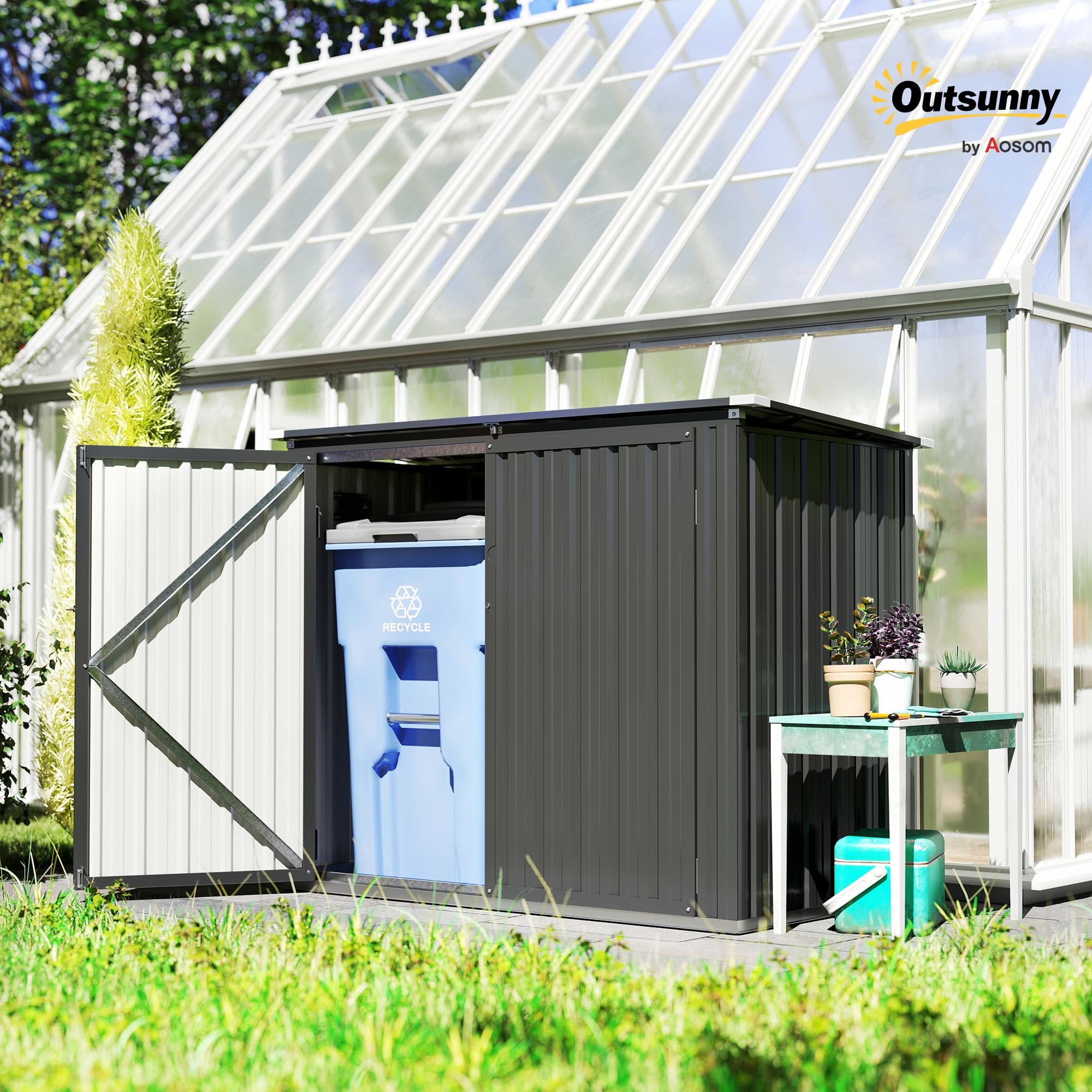 Outsunny Mülltonnenbox Abschließbar für 2 Tonnen mit aufklappbar Deckel