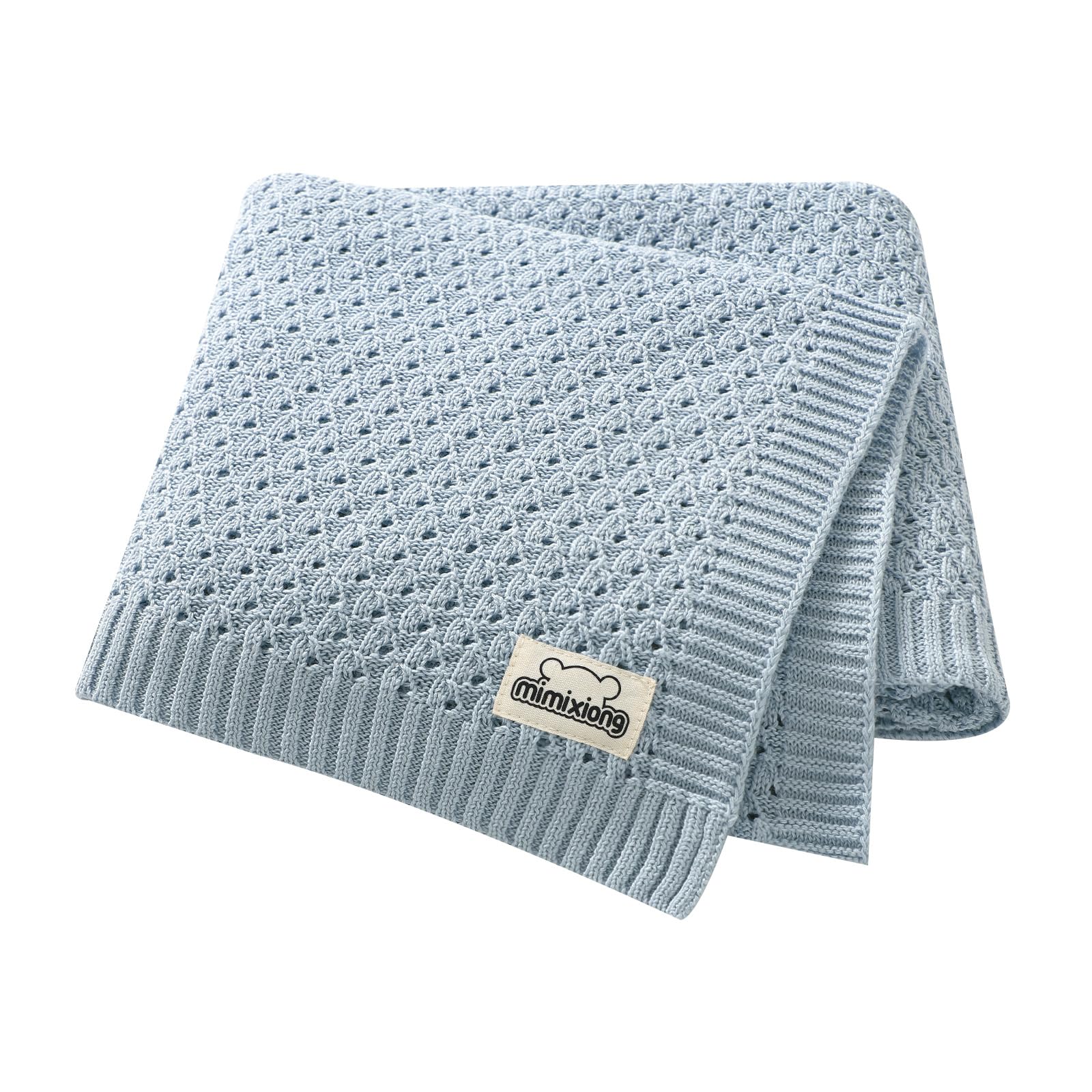 mimixiong 100% Cotton Knitted Cellular Baby Blanket for Boy Girls (Baby Blue)