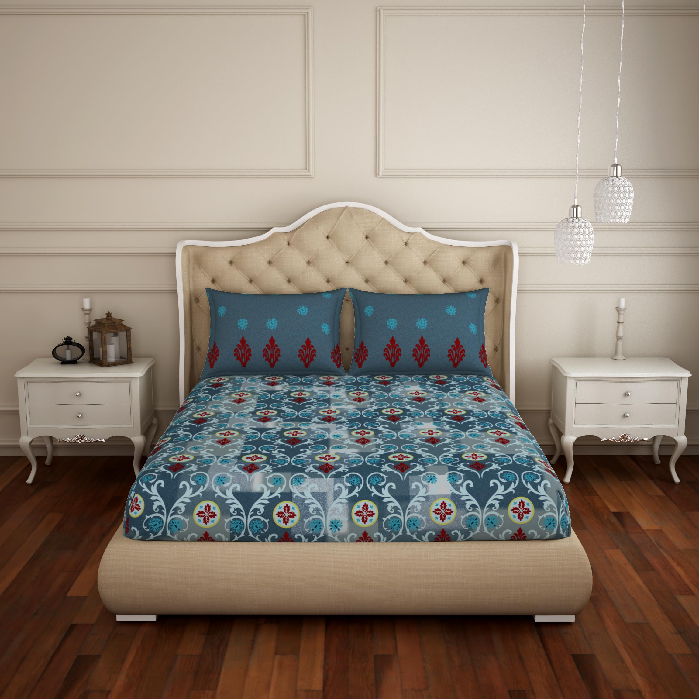 SPACES Atrium 100% Cotton Medium Double Bedsheet with 2 Pillow Covers |Skin Safe and Breathable Material 144 TC Bed Sheet Size 224Cm x 274Cm / 43Cm x 68Cm (Blue-Ornate)