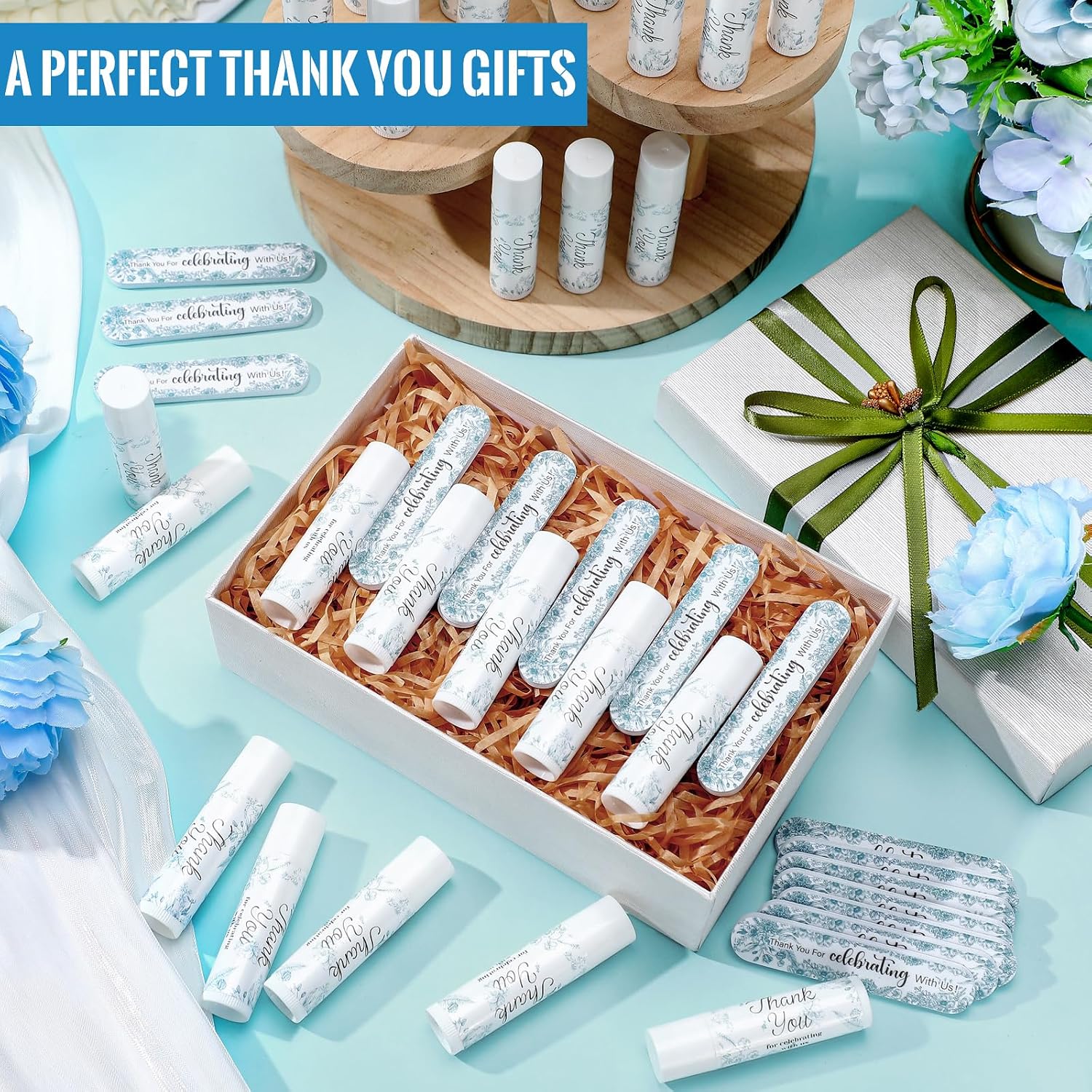 24 Set Blue Floral Bridal Baby Shower Lip Balm Gift Wedding Lip Balm and Nail File Blue Flower Wedding Party Favors Travel Size Bridal Shower Party Supplies for 24 Guests