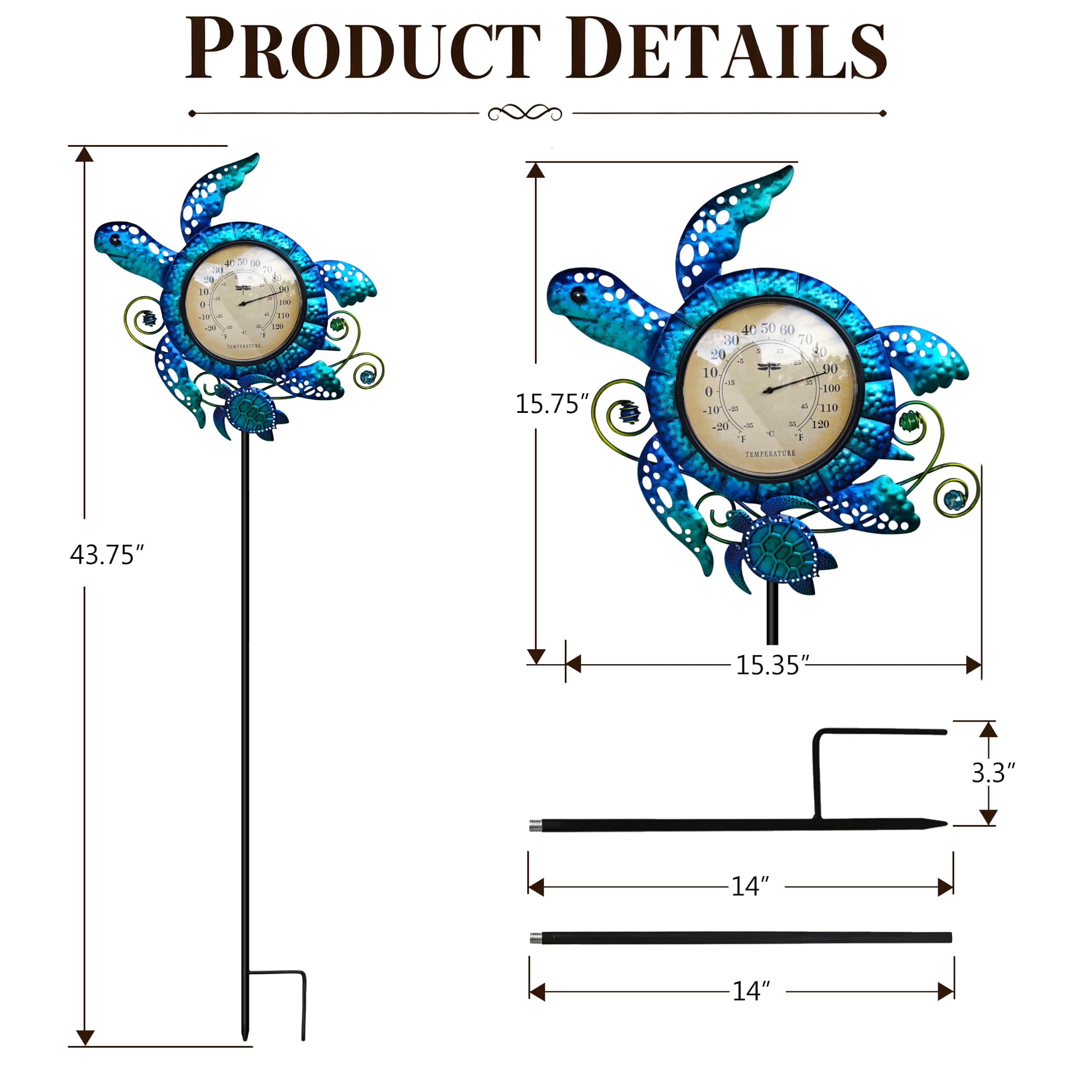 Termometro da giardino a forma di tartaruga marina da 109,2 cm, calibro esterno per patio, piscina, giardino, cortile