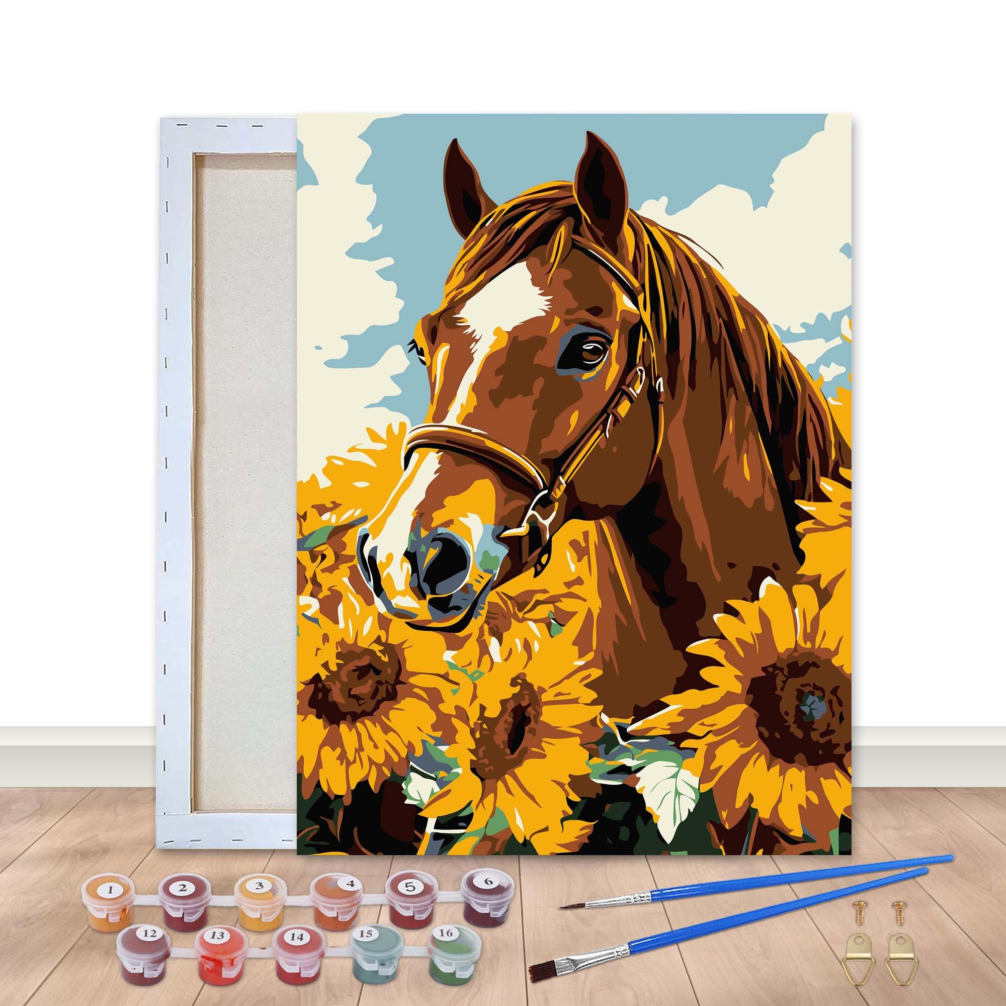 Bimkole Framed Paint by Numbers Kit for Adults Sunflower Horse, DIY Oil Painting Kit on Canvas with Paintbrushes and Acrylic Pigment for Beginner, for Home Wall Decor 8x12inch/20x30 cm