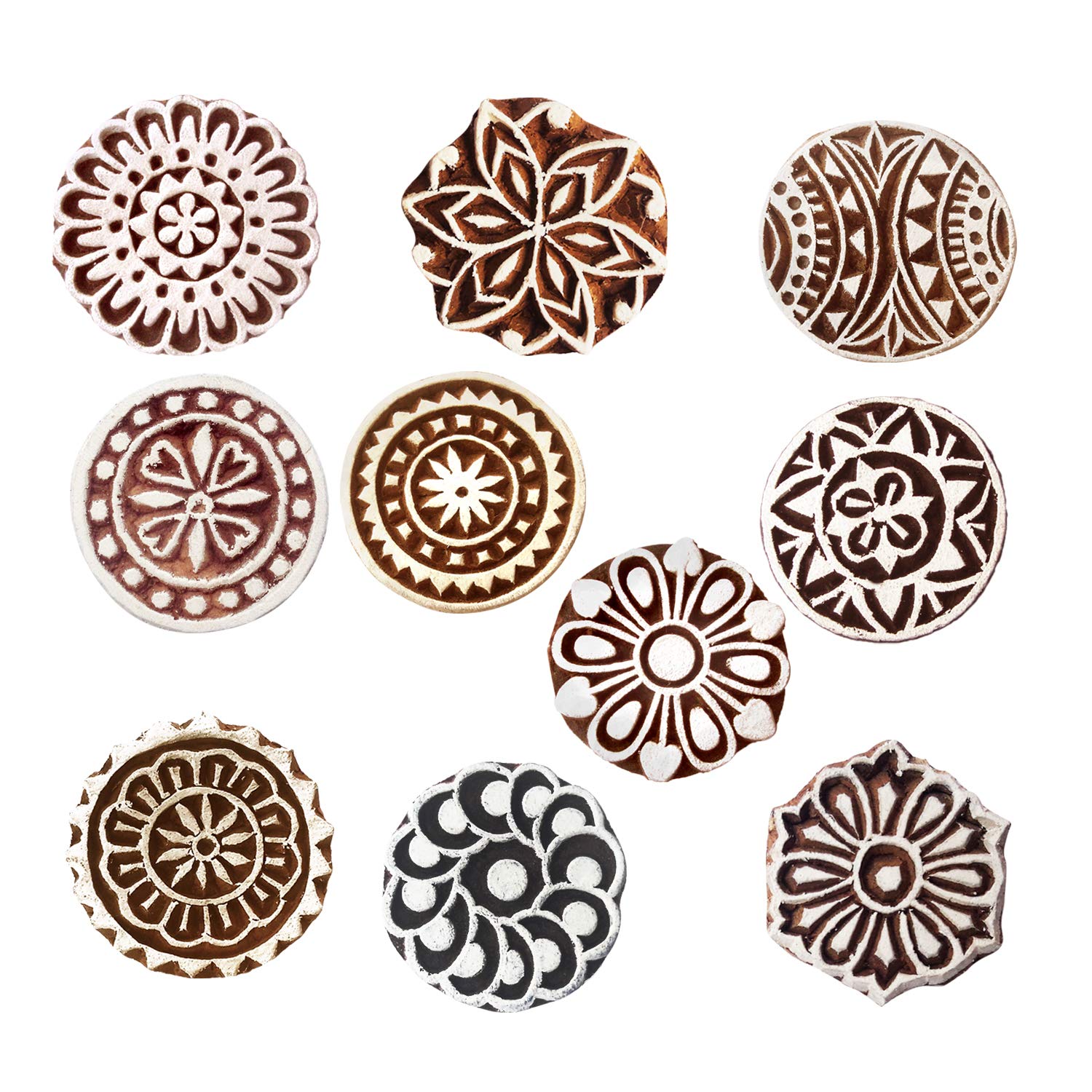 Royal Kraft Round Wooden Printing Stamps (Set of 10) - DIY Henna Fabric Textile Paper Clay Pottery Block Blocks Htag2181