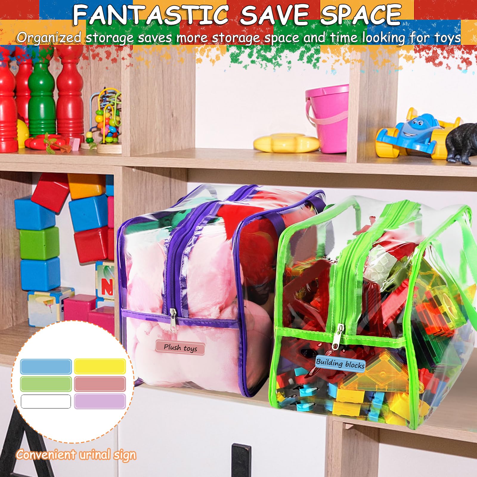 Sacs de rangement larges de 6 couleurs, 32,6 x 23,3 x 17 cm avec étiquettes, réutilisables en PVC transparent, sacs de rangement de jeux de société, sacs de voyage imperméables avec fermeture éclair