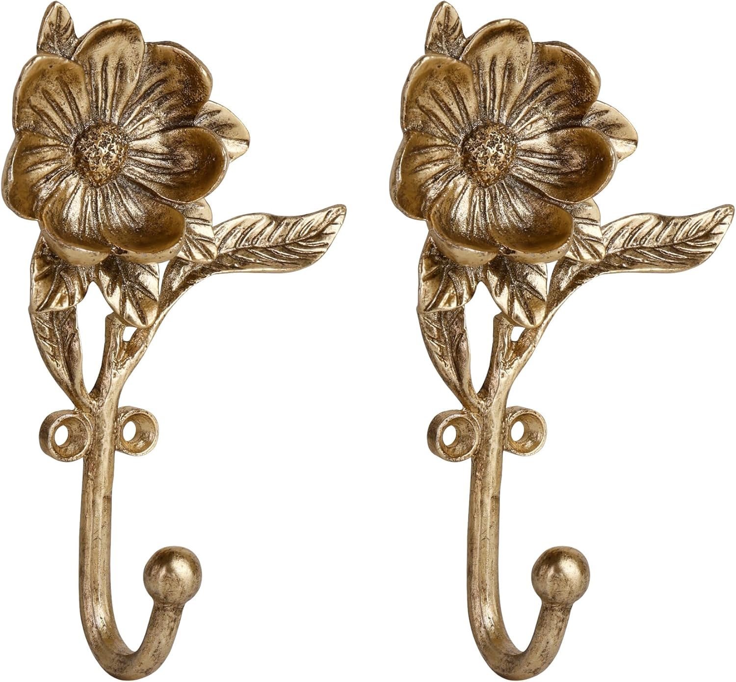 SOFFEE DESIGN 2PCS Golden Flower Metal Hooks, Heavy Duty Coat Hanger for Entryway Bathroom Living Room, Vintage Style Robe Hook
