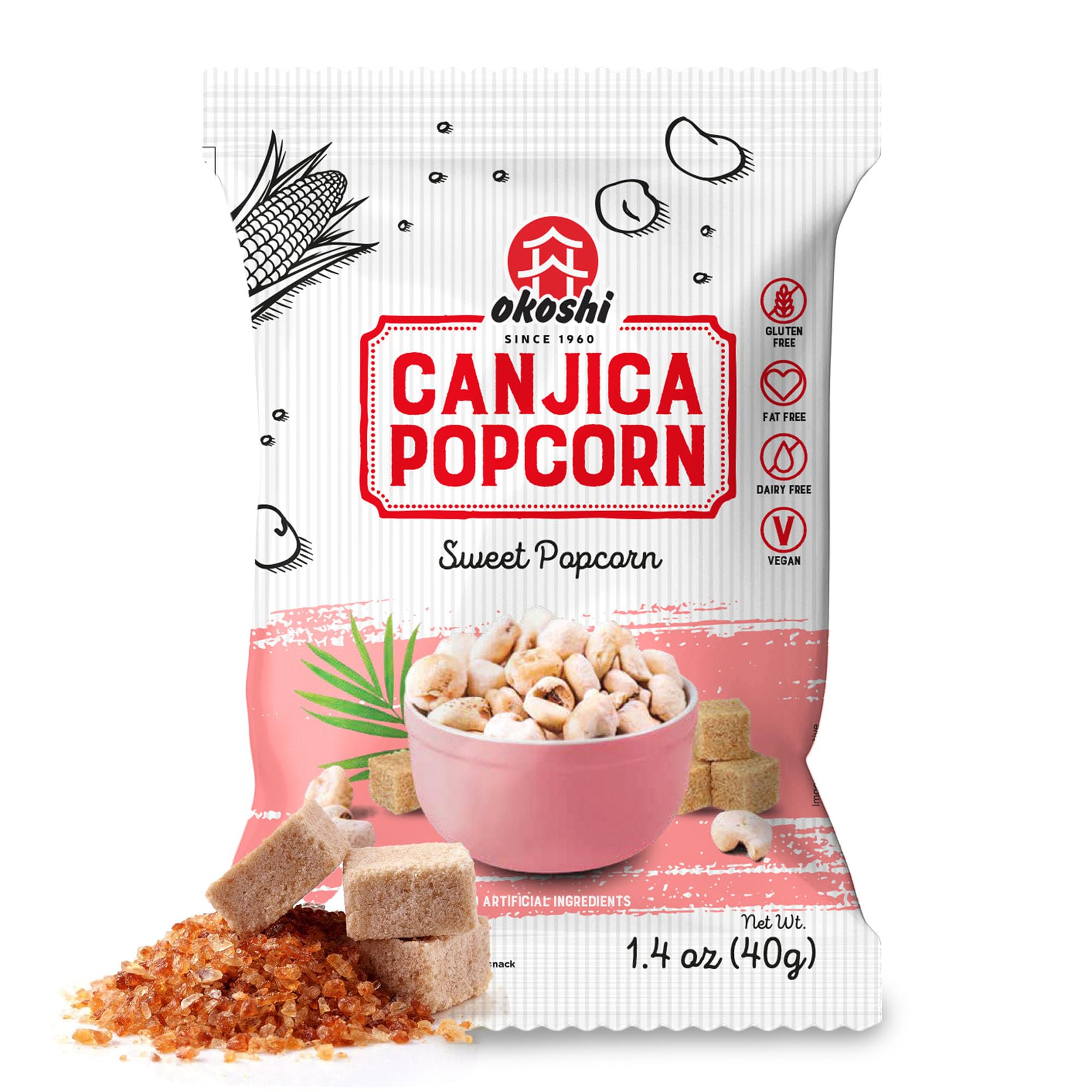 OKOSHI - Canjica Popcorn Snack - Canjica Corn Light Popcorn, Ready-to-Eat Convenient Low-Calorie Snack, Healthy Snacks - High Fibers, VEGAN, KOSHER, Non-GMO - Organic Sugar - 50g/1.76oz