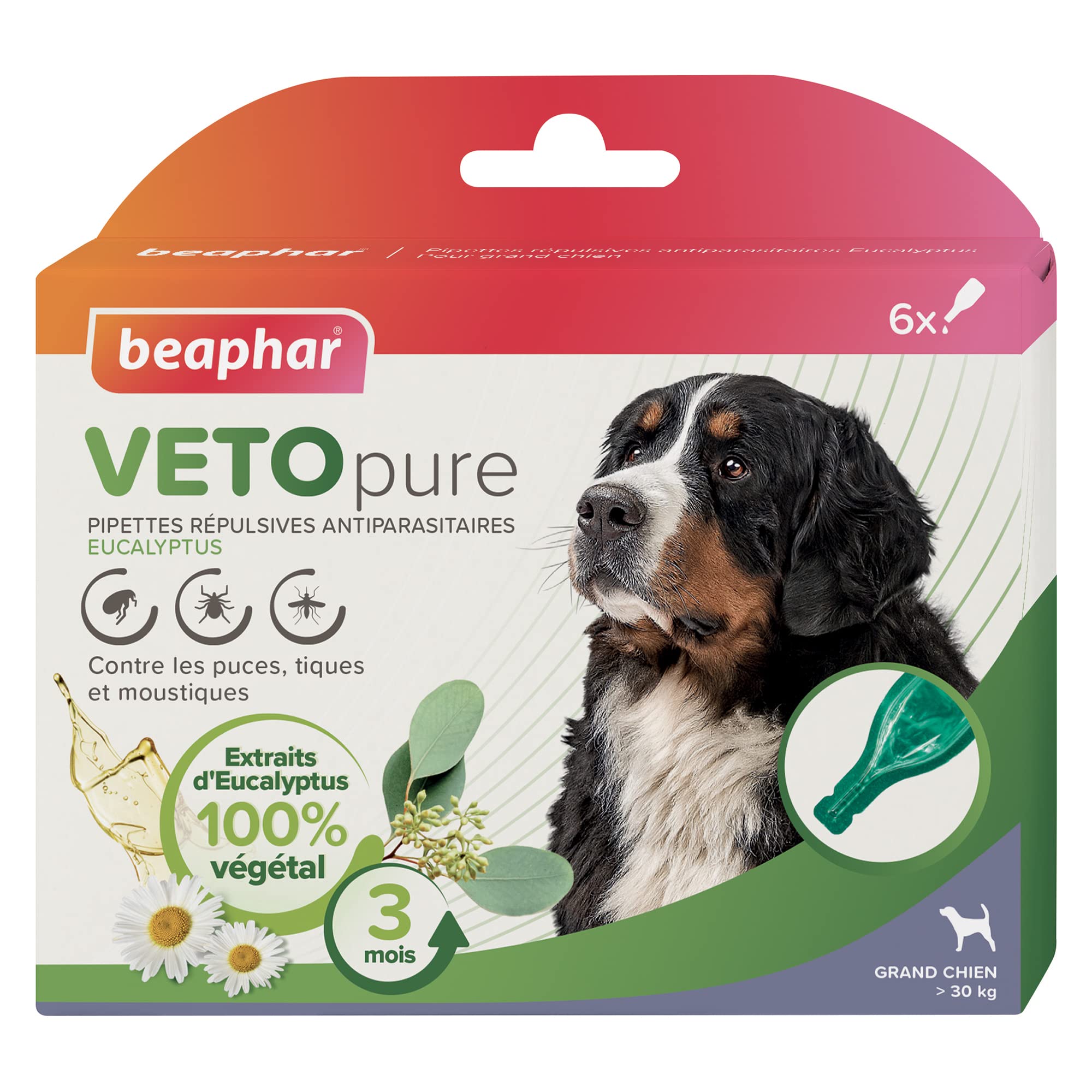 BEAPHAR – VETOPURE – Pipettes répulsives antiparasitaires pour grand chien (>30 kg) – Aux extraits d'Eucalyptus et de Pyrèthre – Contre les puces, tiques et moustiques – Protection 3 mois – 3 pipettes