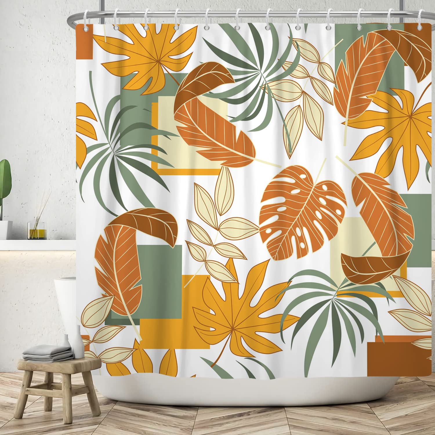 Bovlleetd 71x79inch Bohemian Bathroom Curtain Waterproof Abstract Botanical Shower Curtain Watercolor Mid-Century Tropical Plant Shower Curtains Washable Bathtub Decorative Curtain with Hook — image 1