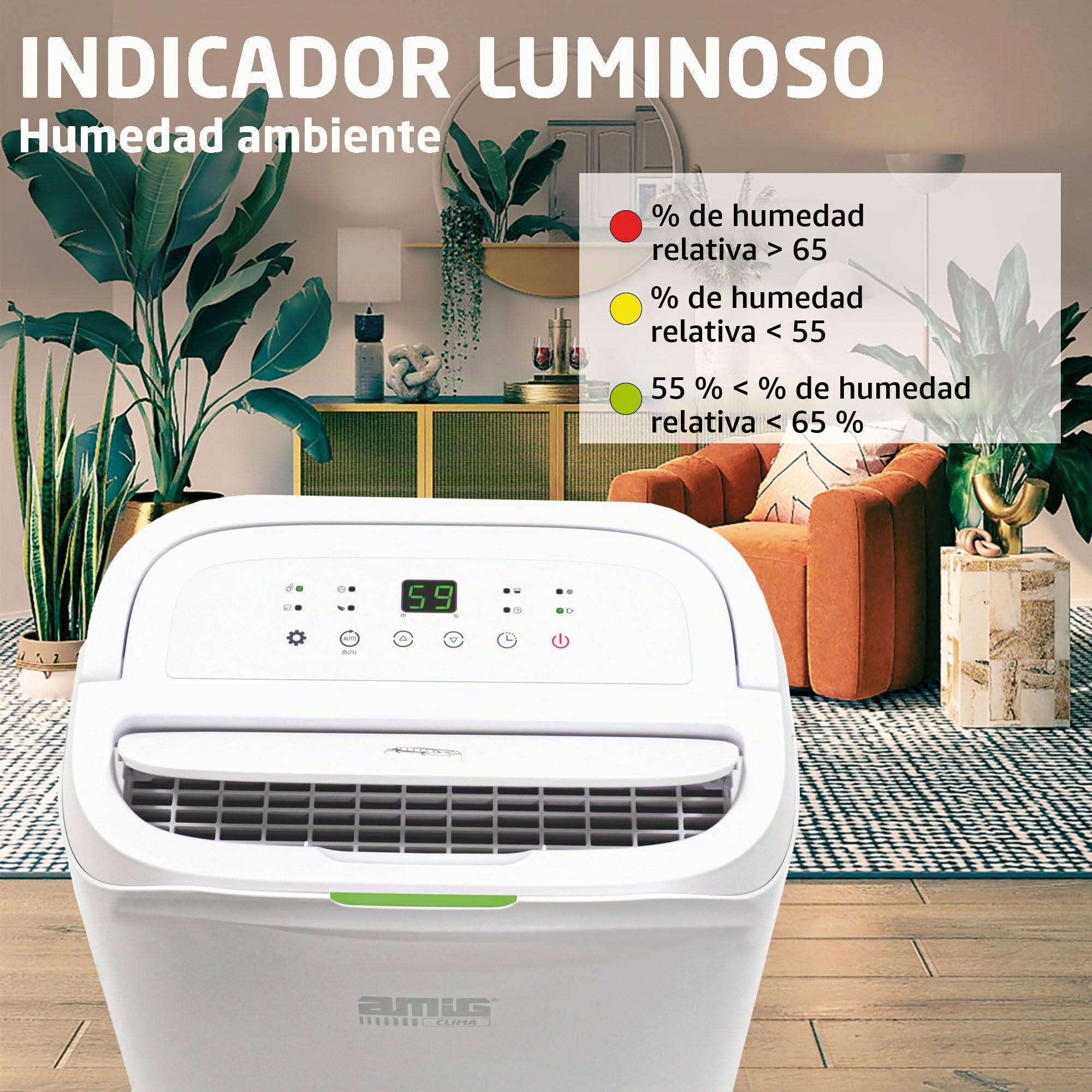 Amig - Deshumidificador MIST - Capacidad 20L/día - Depósito extraíble 6,5L - Control de Humedad y Temporizador - 36 x 28 x 56 cm - 260W - Cobertura 165m3/h - Silencioso 45 dB - Secado de Ropa