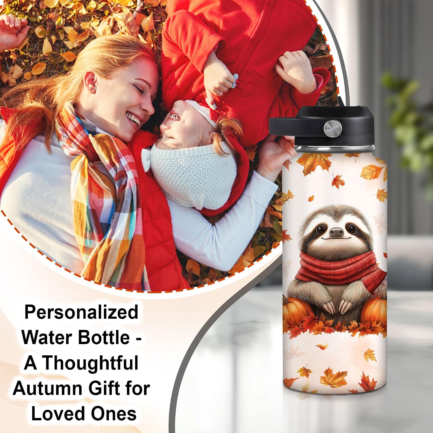 Hyturtle Personalized Fall Sloth Water Bottle - Travel Insulated Stainless Steel Bottle with Leak-Proof Lid 18 oz 32 oz - Cute Sloth Gifts For Women Her - Autumn Gifts For Adults Pet Lover