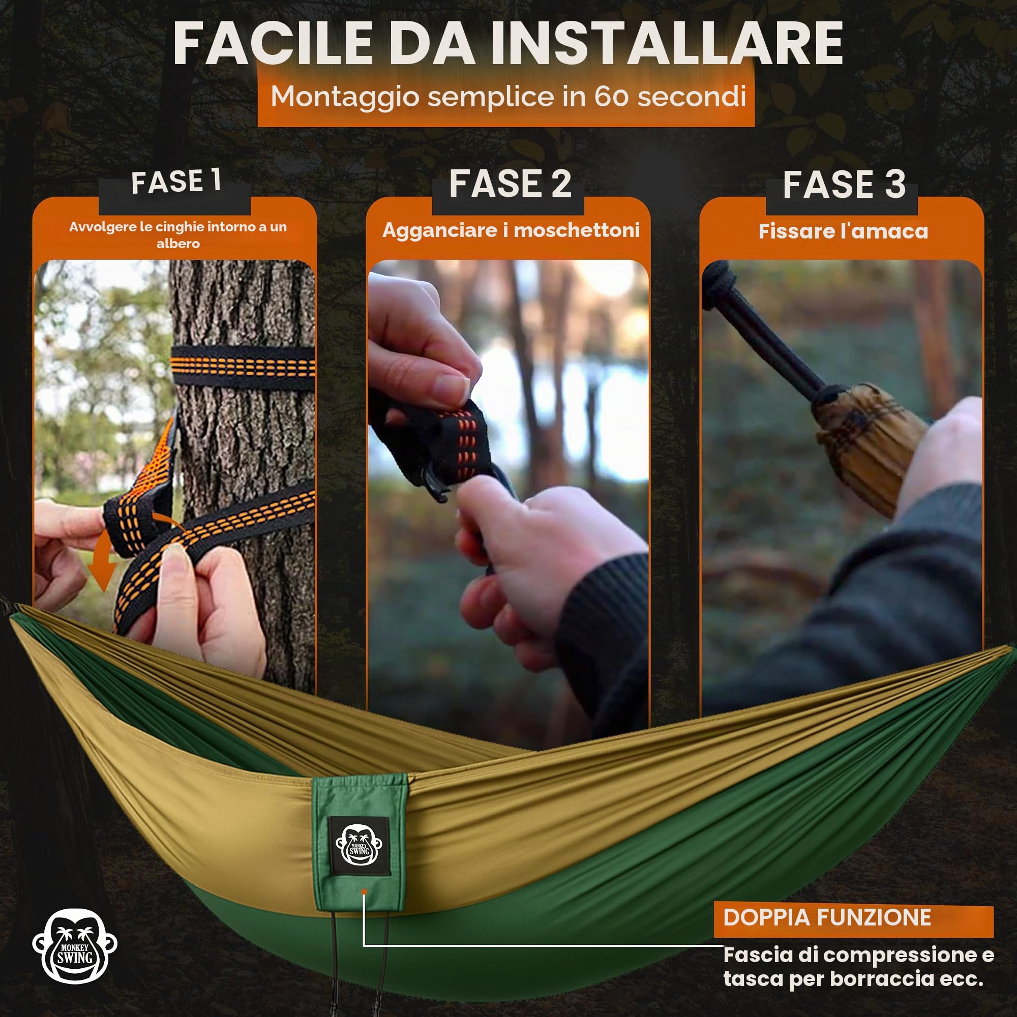 hamaca da giardino 275x140CM I amaca completo set I 2x moschetto, 2x Cinghie I per camping, viaggio, spiaggia, foresta