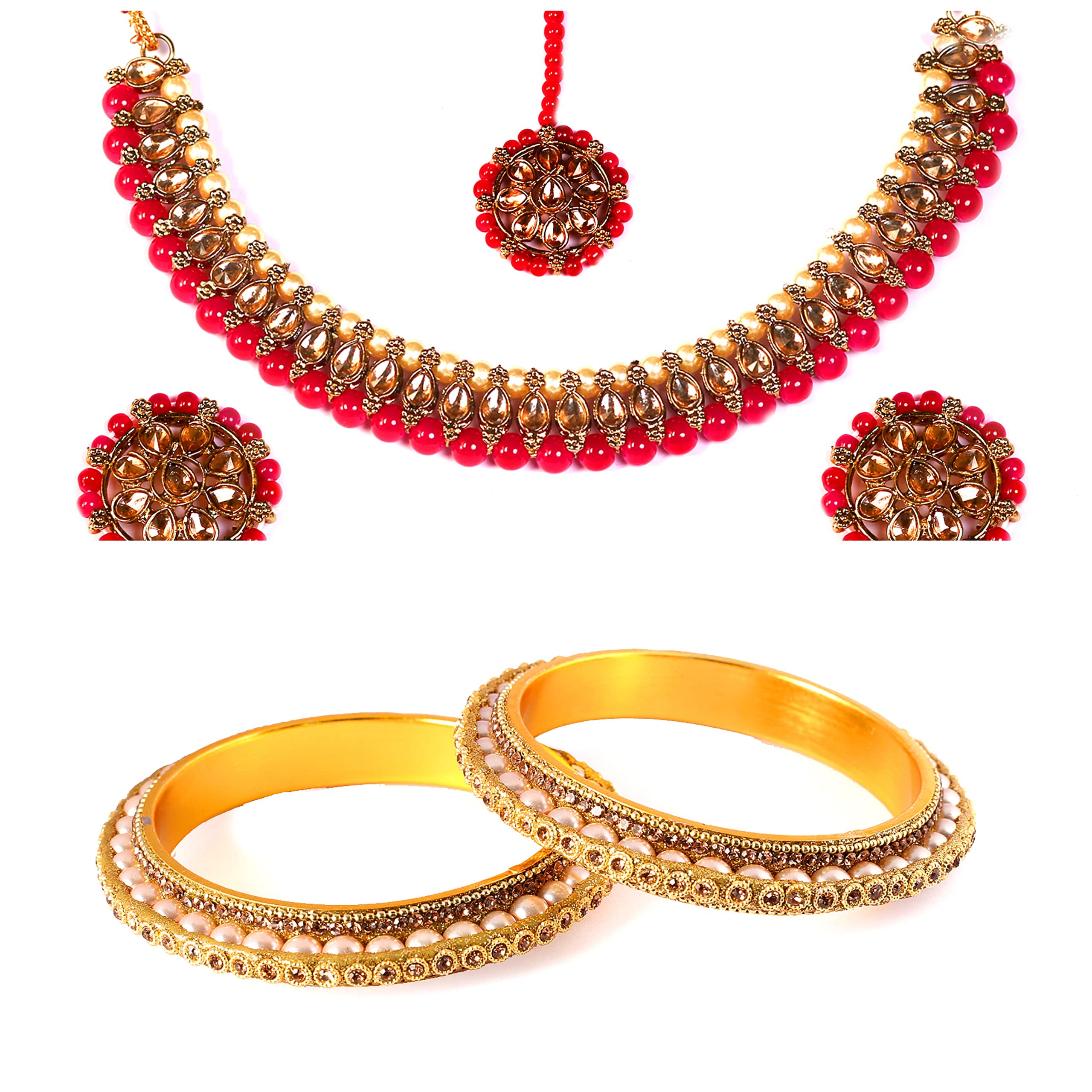 KRITYA Pink Colour Necklace Set with Bangles