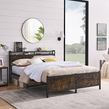 Full Bed Frame with Headboard Metal Bed Frame Full Size with Charging Station No Box Spring Needed Sturdy Wood Queen Platform Bed Easy to Assemble
