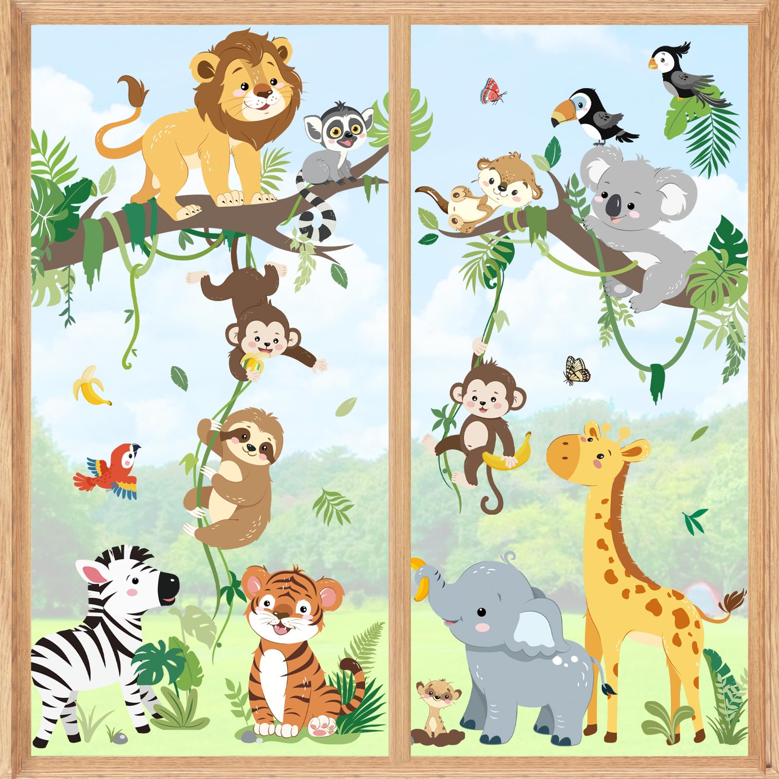 Decalmile Fensteraufkleber Safari-Tiere – Löwe, Elefant, Giraffe – 8 Blätter (21x30 Cm), Statisch Haftend