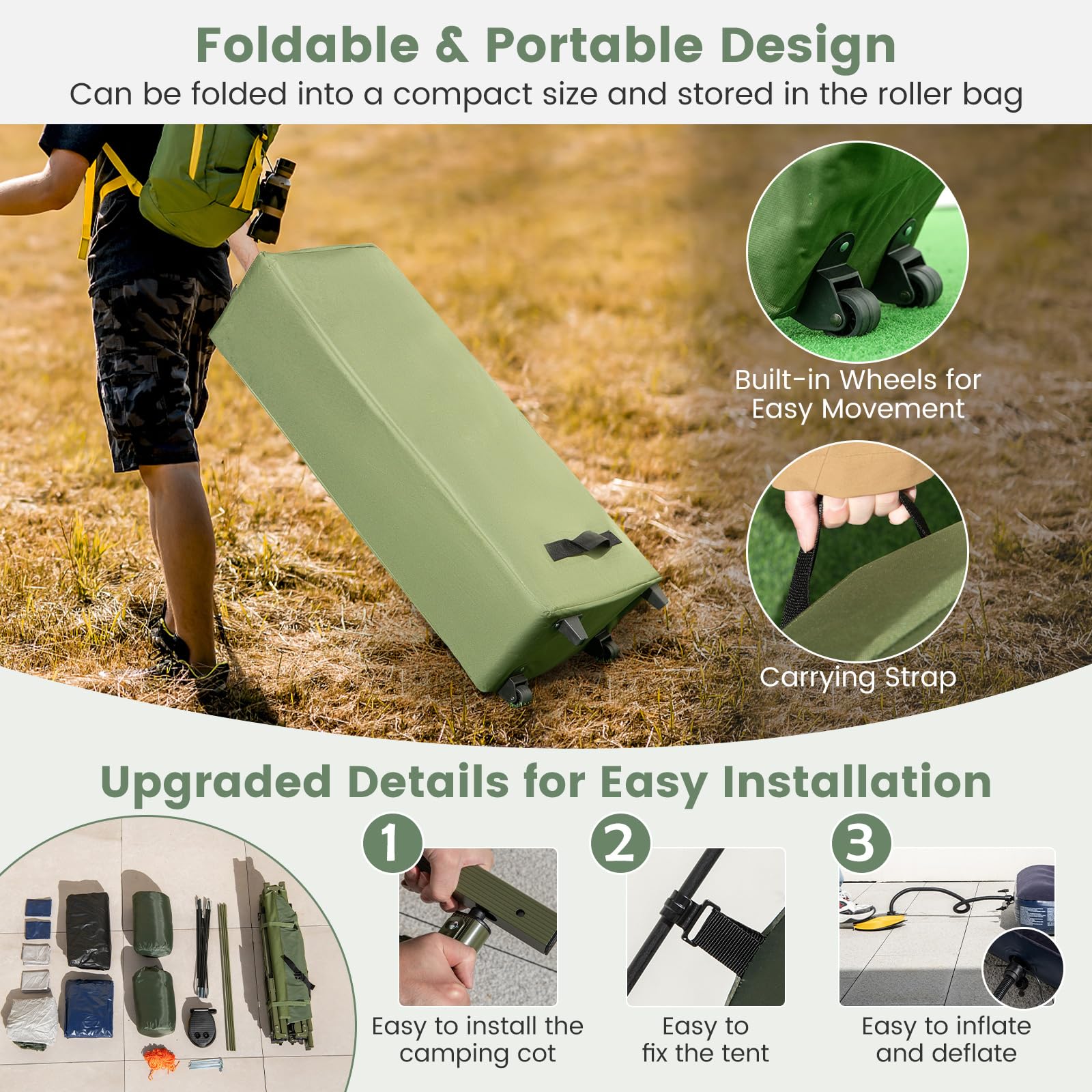 LDAILY Cuna de tienda de campaña, tienda de campaña elevada 5 en 1 con colchón de aire, saco de dormir y almohada, cuna plegable con bolsa de transporte para senderismo al aire libre, picnic, patio