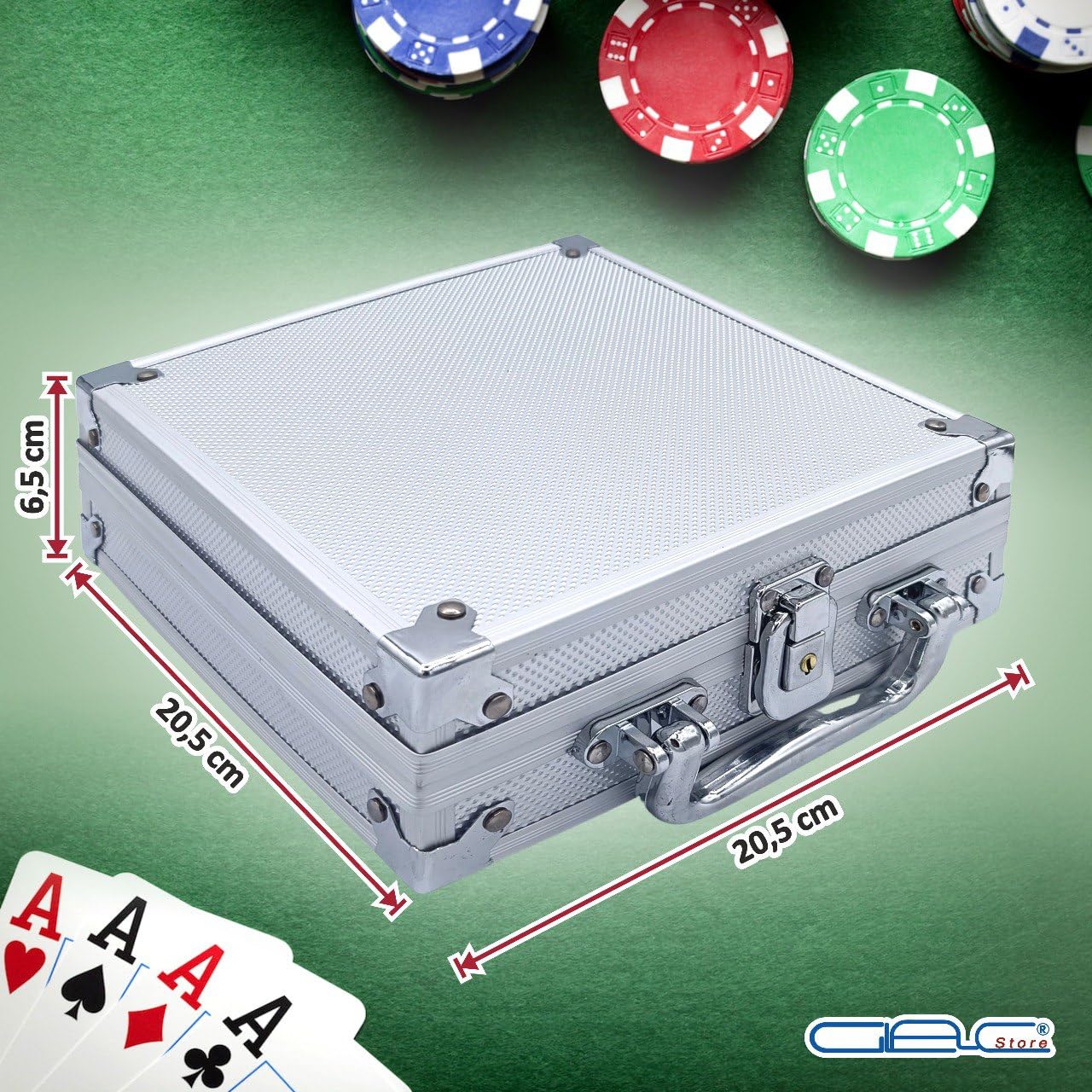 Valigetta da Poker Texas Hold’em Blackjack con 100, 200, 300 Chips Fiches, 2 Mazzi di Carte, 5 Dadi e Dealer - Colore Argento (100)