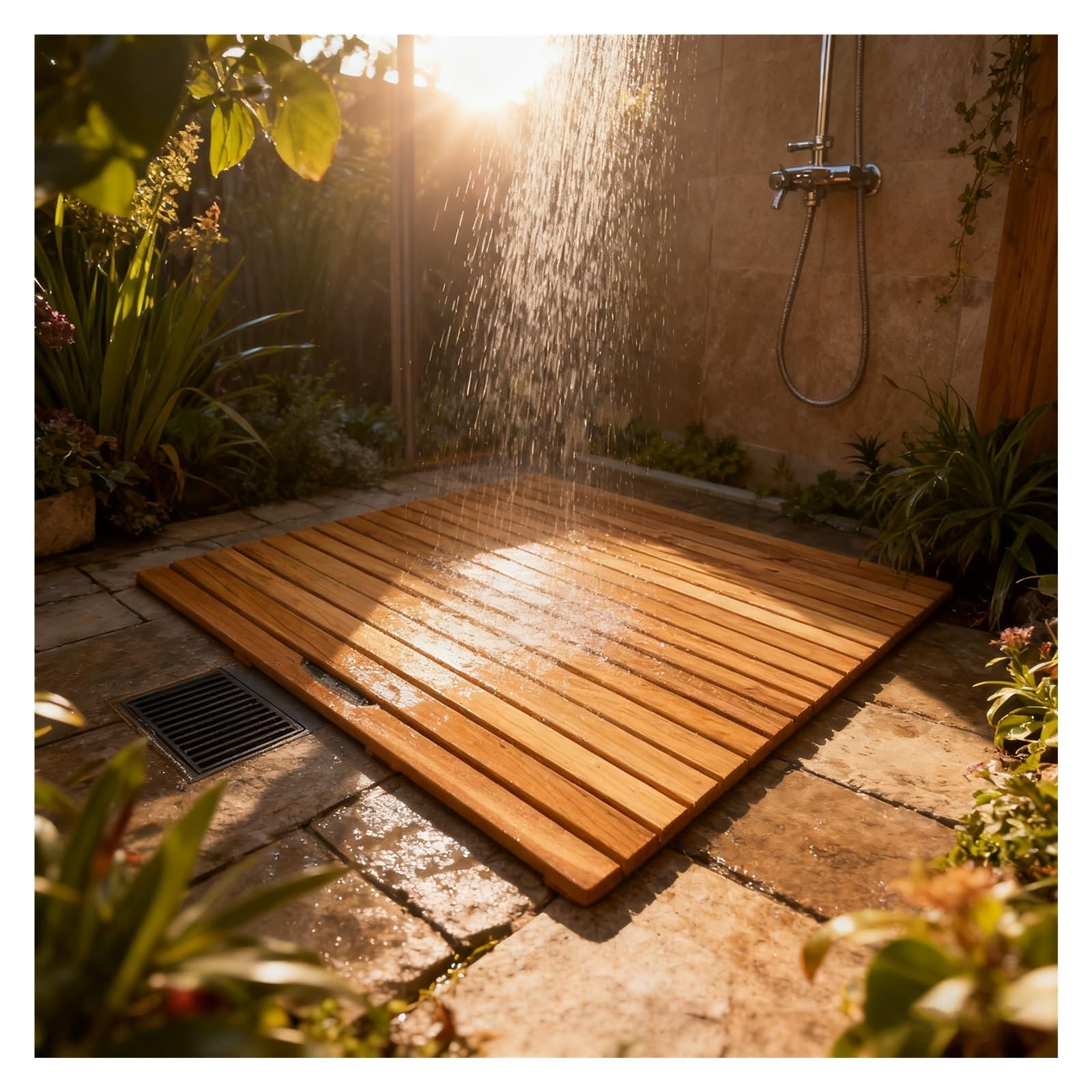 Genérico Alfombrilla de Ducha Exterior para la prevención de caídas en Personas Mayores, Alfombrilla de baño Lavable de Madera de Teca de Gran tamaño - Cuadrada/Rectangular, Alfombrilla de