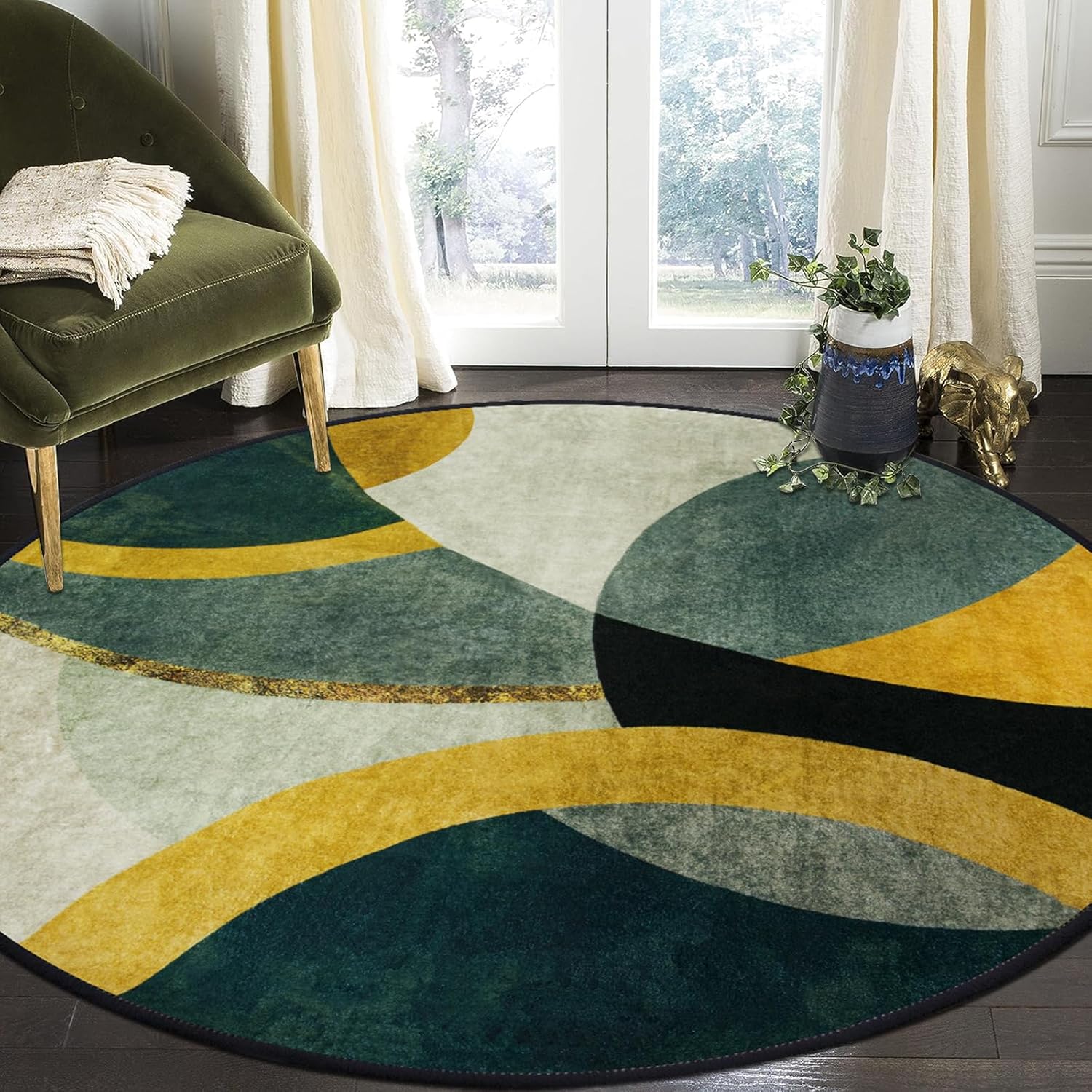 RTBQJAT Round Rugs 80cm, Emerald Green Mustard Gray, Washable, Living