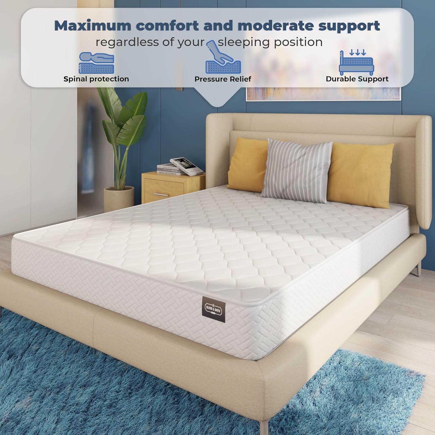 OLIVER & SMITH SINCE 1921 Full Mattress 6 Inches 54X75 White – Medium Firm Hybrid – Full Size Mattress Pocket Coil Tight Euro Top High Density & Polyester Cover – Rolled in a Box