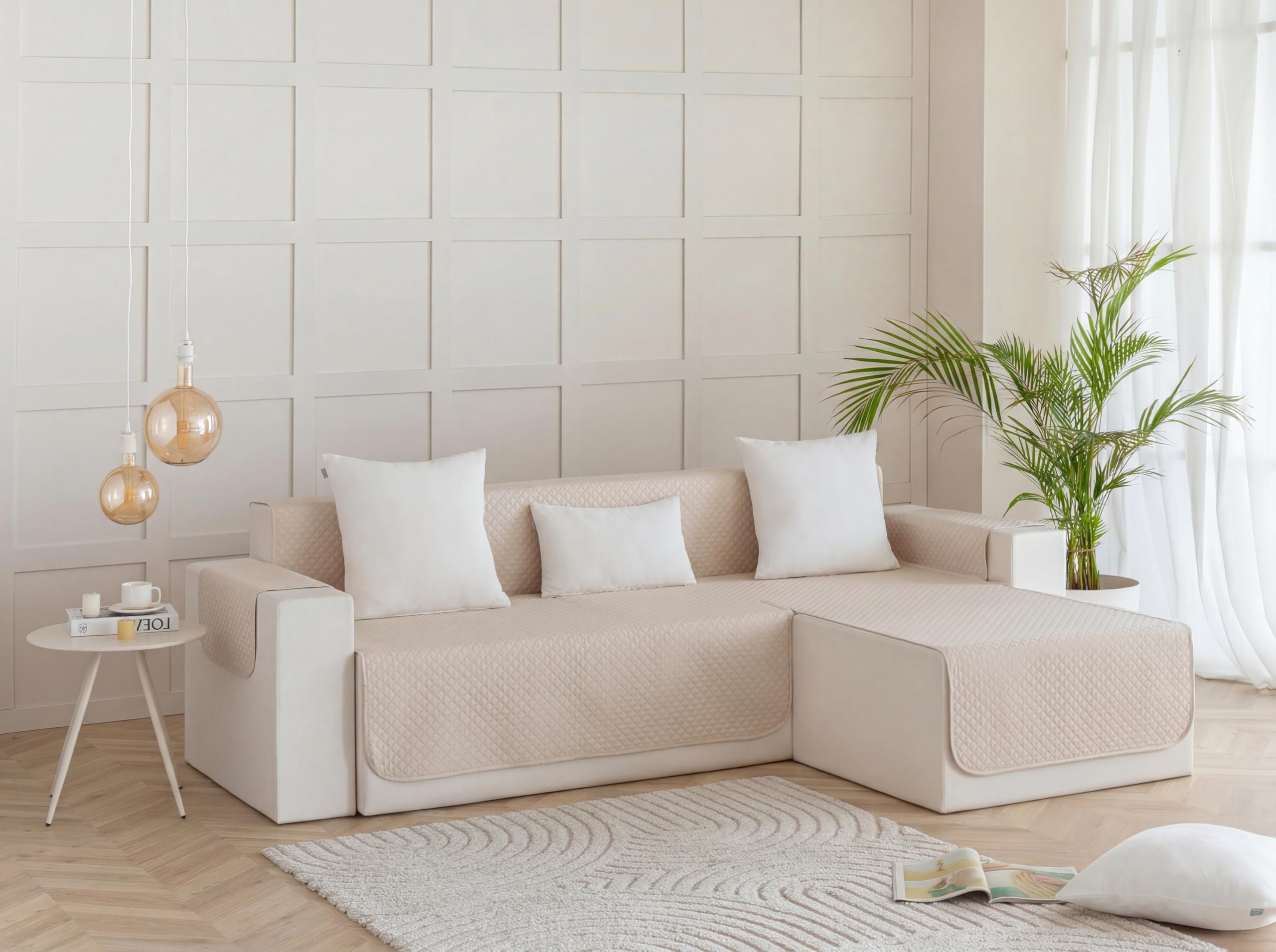 Todocama – Funda Cubre sofá, plazas, Protector de sofás Acolchado de Rombos, Transpirable, fácil de Limpiar, (Beig Arena, Chaise Derecho 240cm)