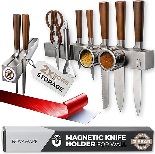 Miniatura 8 de Soporte magnético de cuchillos de alta calidad de 16 pulgadas para refrigerador con doble almacenamiento, soporte magnético de acero inoxidable de