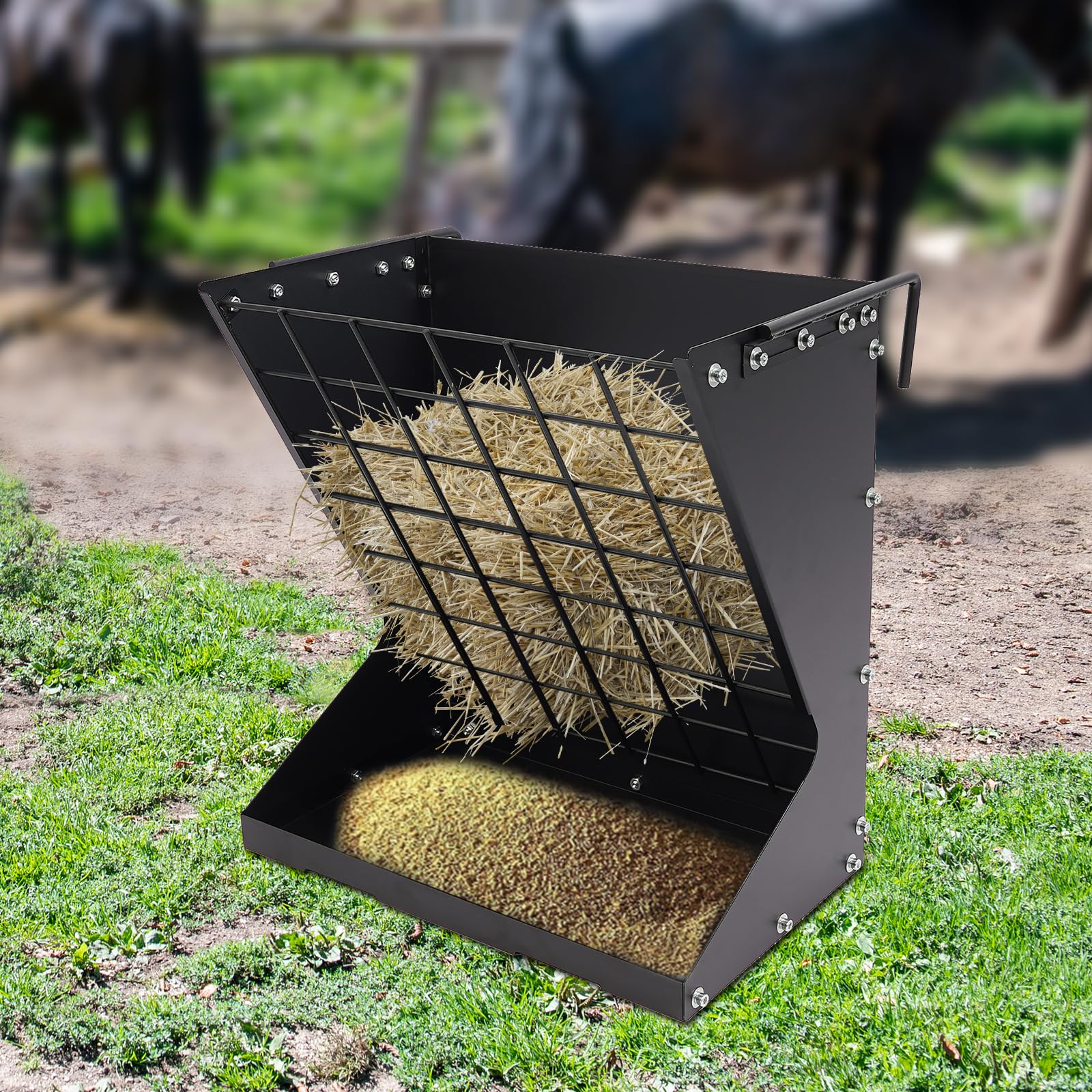 comedero de heno grande para caballos, ovejas y cabras, 2 en 1, heno y grano/comedero, comederos colgantes de ovejas con rejilla de ahorro de alimentos y ganchos para varios establos y corral (negro)