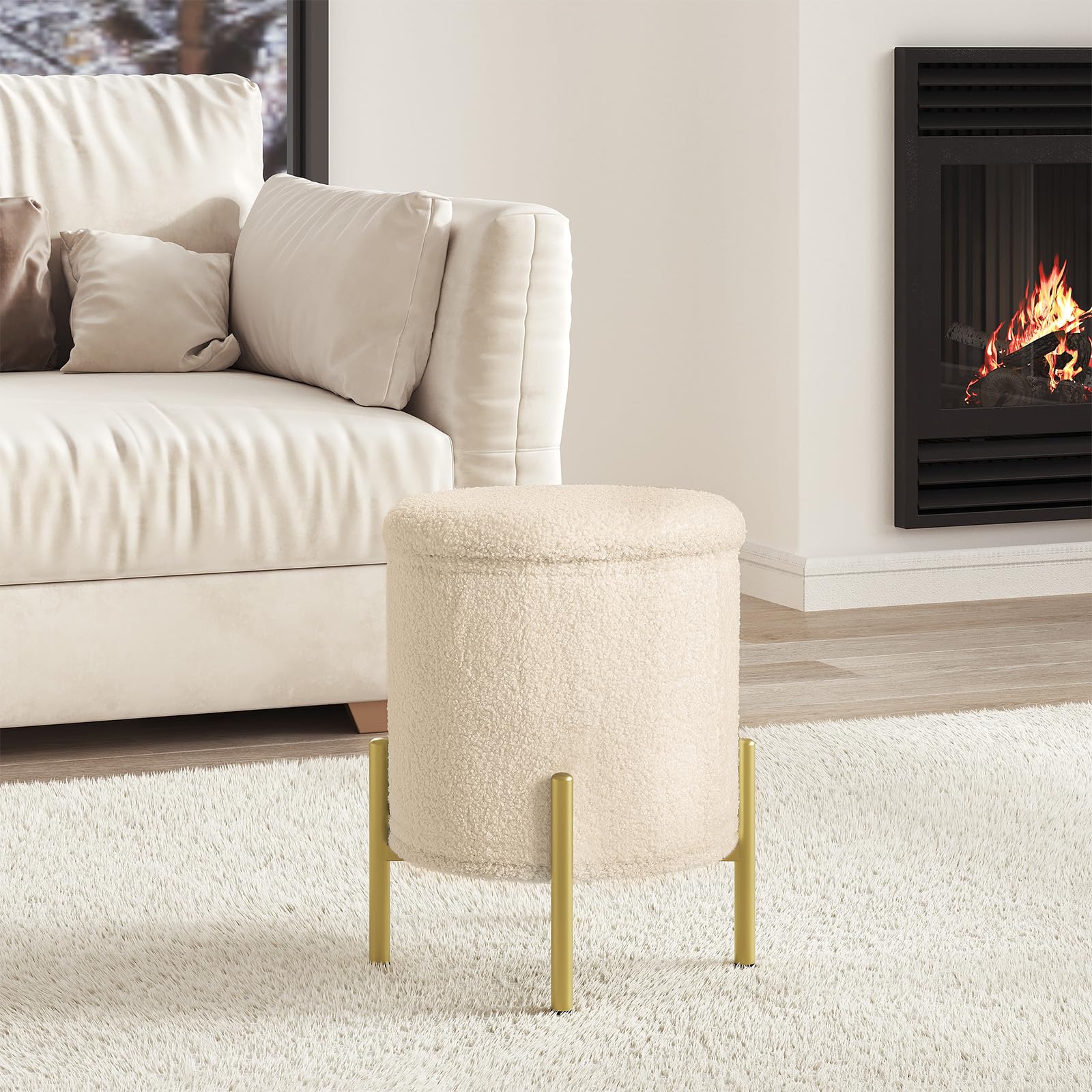WOLTU Puff Almacenaje, Taburete Plegable, Reposapies de Sofá, Taburete Redondo para Salón y Dormitorio, Baúl de Patas de Metal, Tela Polar Teddy, MDF, φ35x41 cm, Beige | Beige redondo para salón, dormitorio o pasillo con tapa y patas de metal