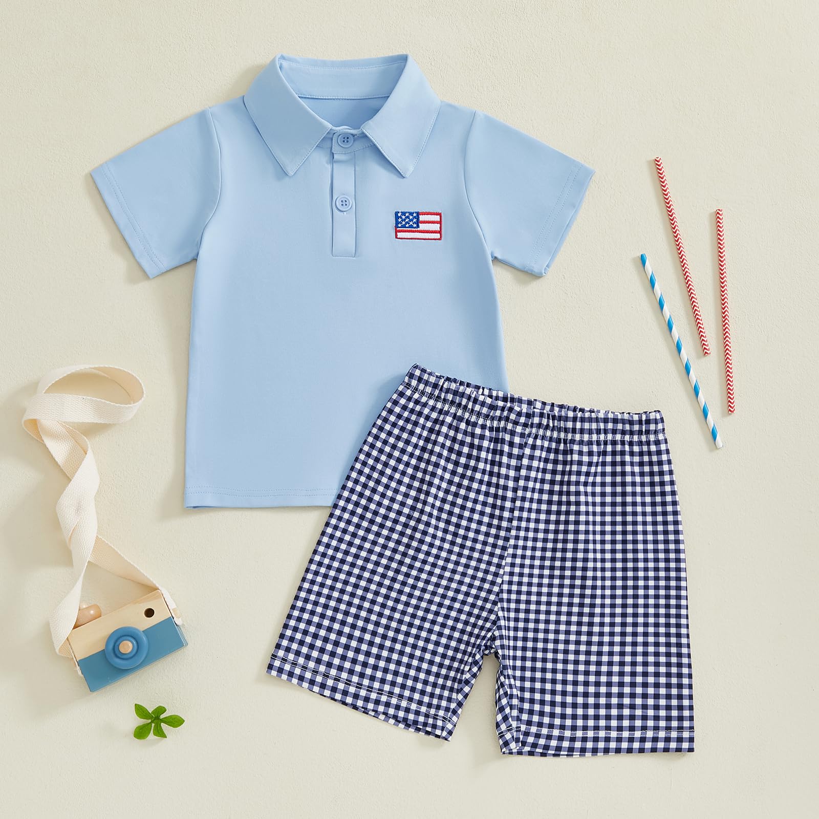 Socutebabe Baby Boy 4th of July Outfits USA Flag Short Sleeve Button Down Polo Shirt Shorts Set Toddler Fourth of July Outfit (Blue, 6-12 Months)