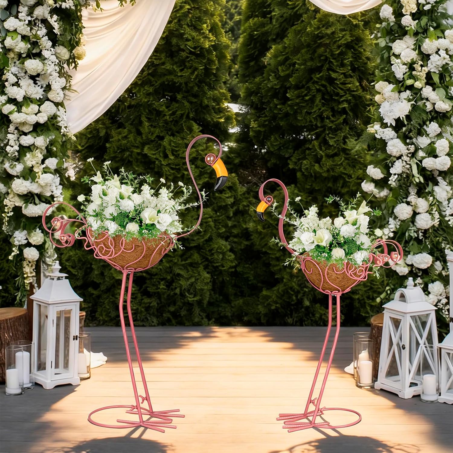 Set of 2 Pink Flamingo Outdoor Planters with Basket, Metal Flamingo Planter for Indoor Outdoor Garden Yard Decor (Flamingo-Planter)