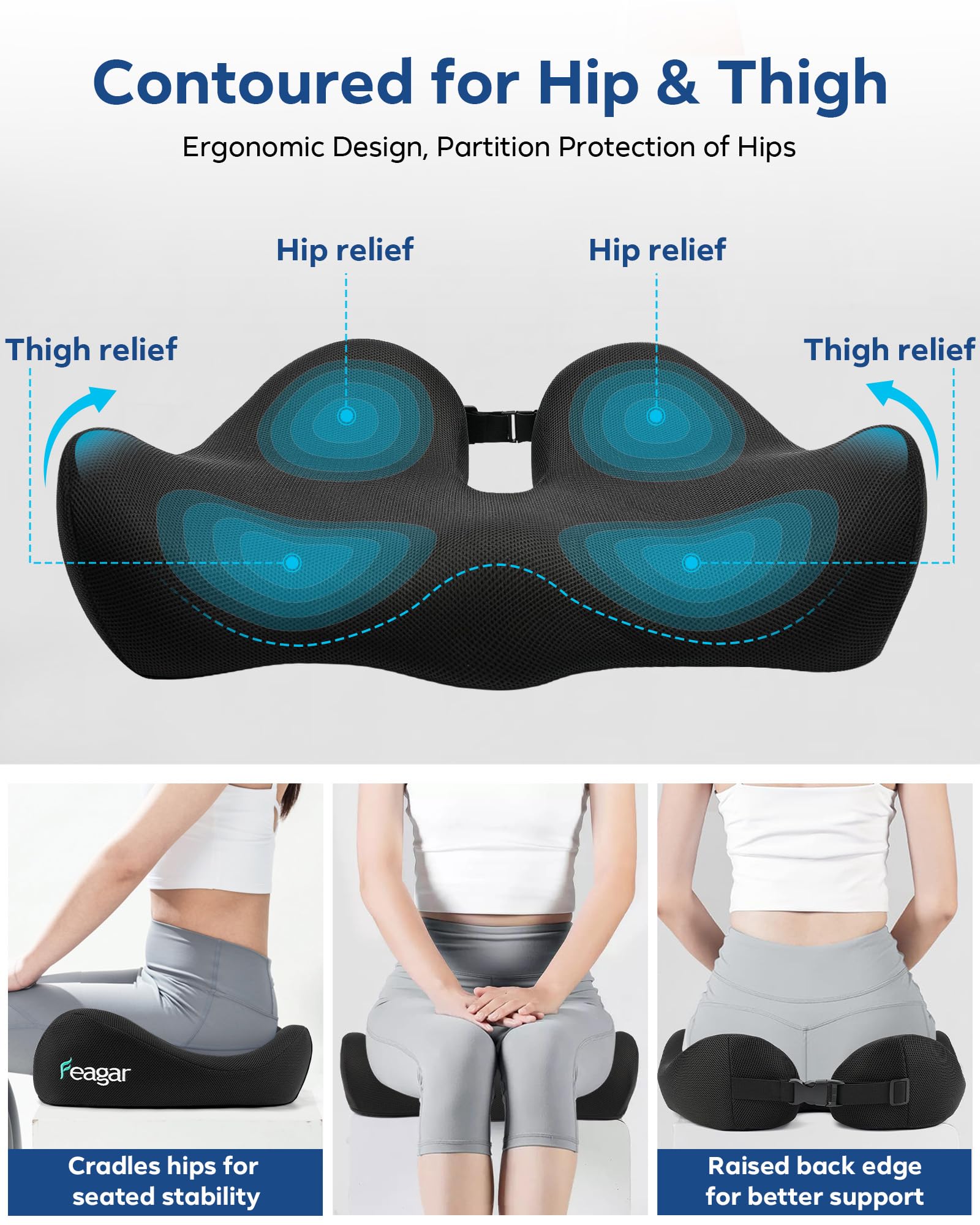 Feagar Office Chair Cushion for Sciatica Tailbone Pain Relief Extra Thick Memory Foam Seat Cushion for Long Sitting — view 3