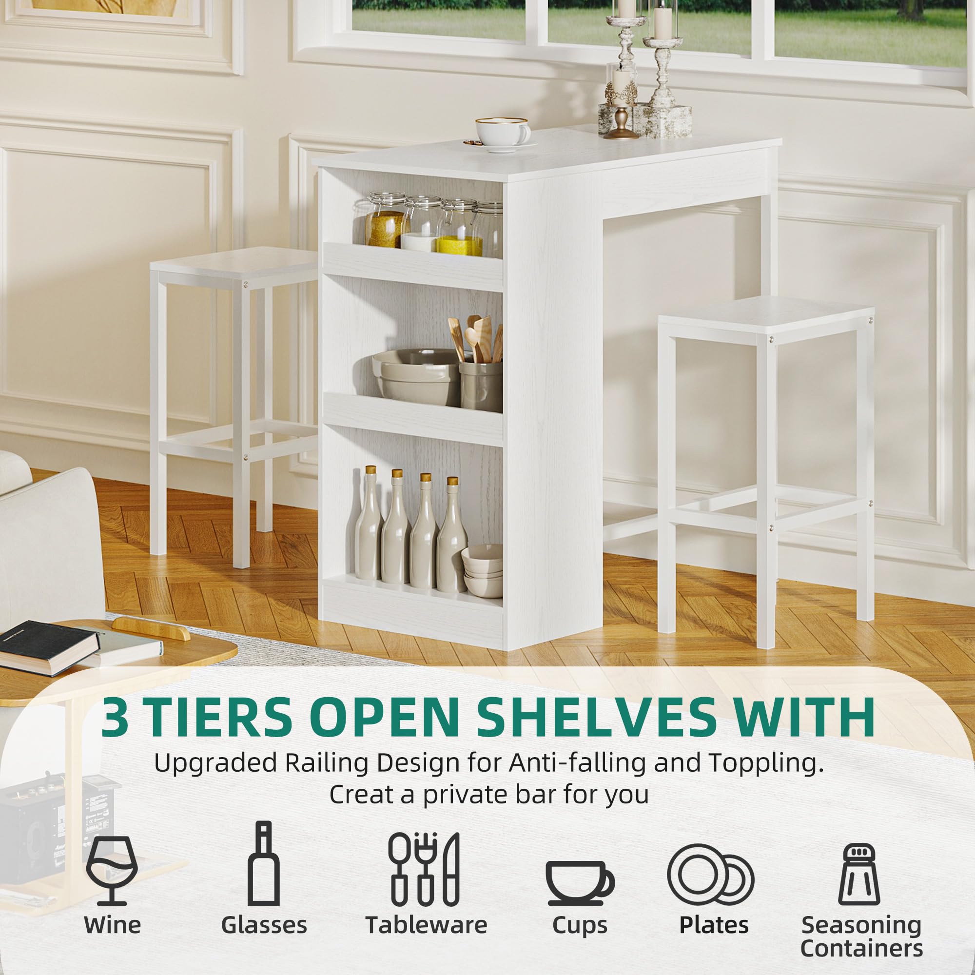 YITAHOME Bartisch mit Barhocker Set, Bartisch 3 Teilig, Esstisch mit 2 Hocker 3 Ablagen, Barhocker mit Metallrahmen, Essgruppe für 2 Personen, Frühstückstisch Möbelsets für Zuhause, Küche (Weiß)