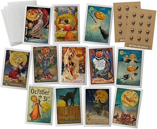 Tarjetas de notas vintage de Halloween, 24 tarjetas antiguas de Halloween y sellos de calcomanías vintage, 12 tarjetas de ilustración de libros