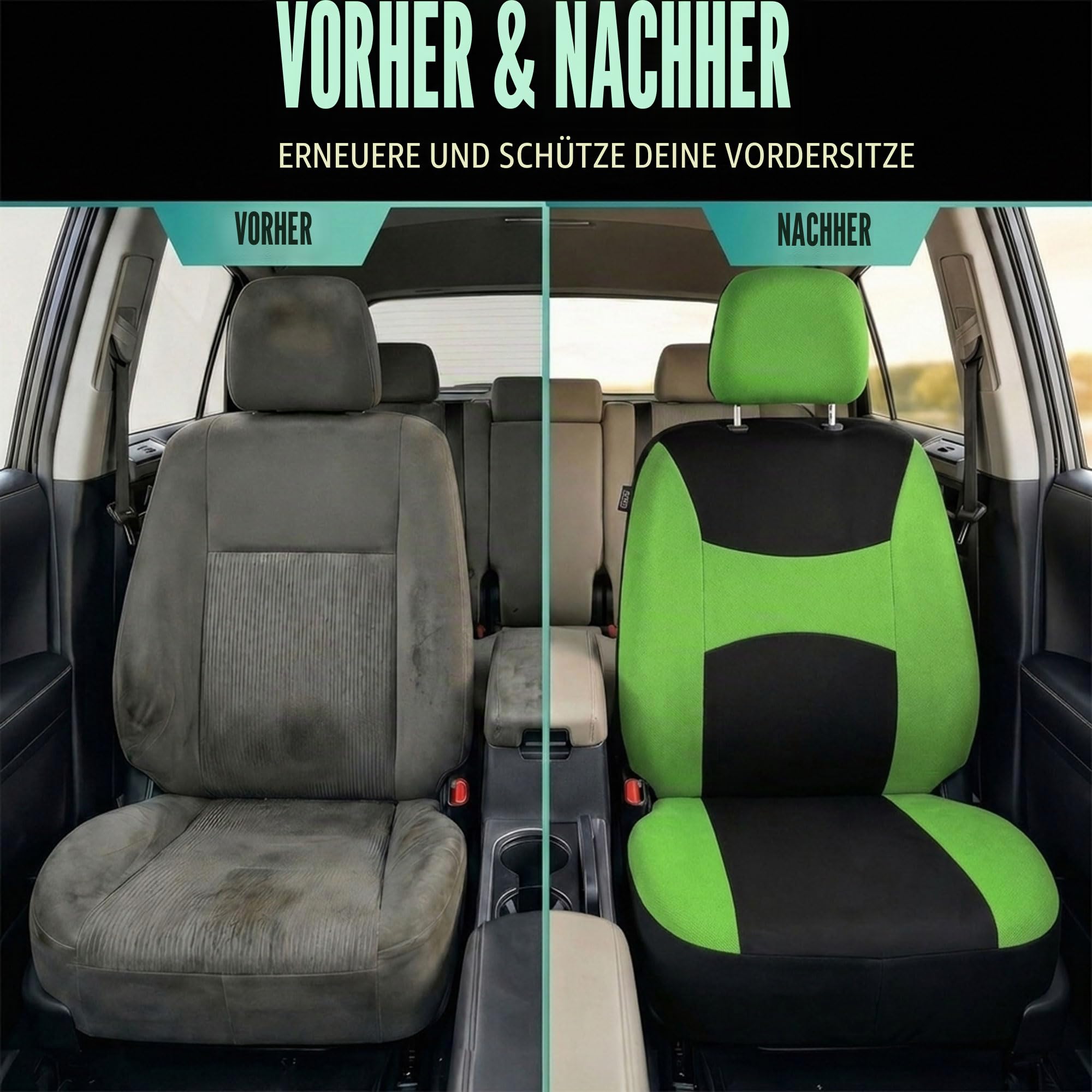 FH GROUP FB030GREEN-COMBO Autositzbezüge, universelle Passform, Kombi-Set mit Lenkradbezug und Sicherheitsgurtpolster, für die meisten Pkw, SUV, LKW, Airbag-kompatibel, Geteilte Rückbank, Grün