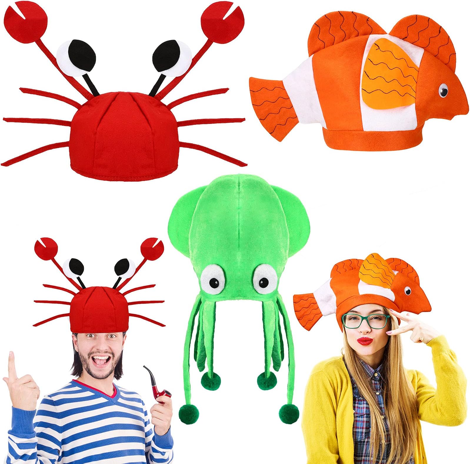 Kasyat 3 Pcs Squid Octopus Clown Fish Crab Silly Hats for Adults Ocean Sea Animal Funny Party Costume Animal Cap Crazy and Creative Hat for Halloween Christmas Masquerade Cosplay Prop