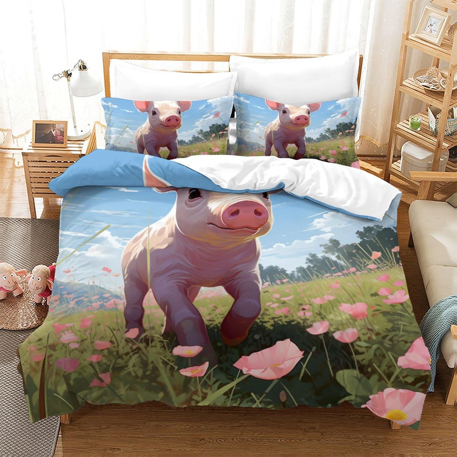 Housse de couette avec fermeture éclair motif cochon 3D microfibre