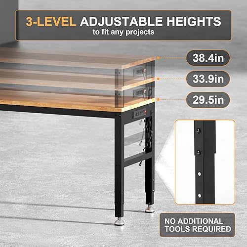 Miniatura 3 de AHB Banco de trabajo de 48 pulgadas de altura ajustable, mesa de trabajo de madera maciza con tomas de corriente, máximo 2000 libras, estación de