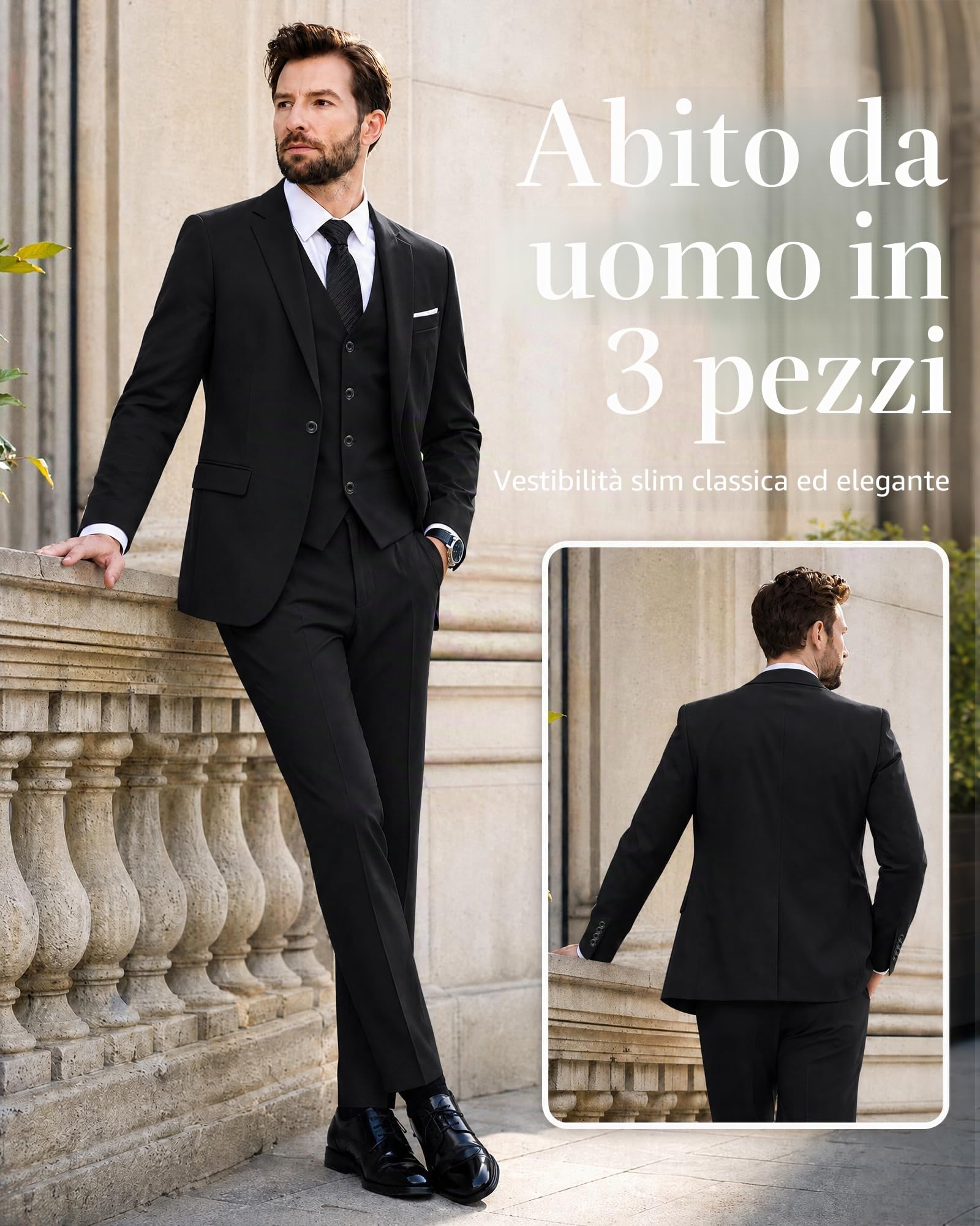Hihawk, Completo da uomo in 3 pezzi con tessuto elasticizzato, tinta unita, slim fit, con un bottone, giacca, gilet e pantaloni con cravatta