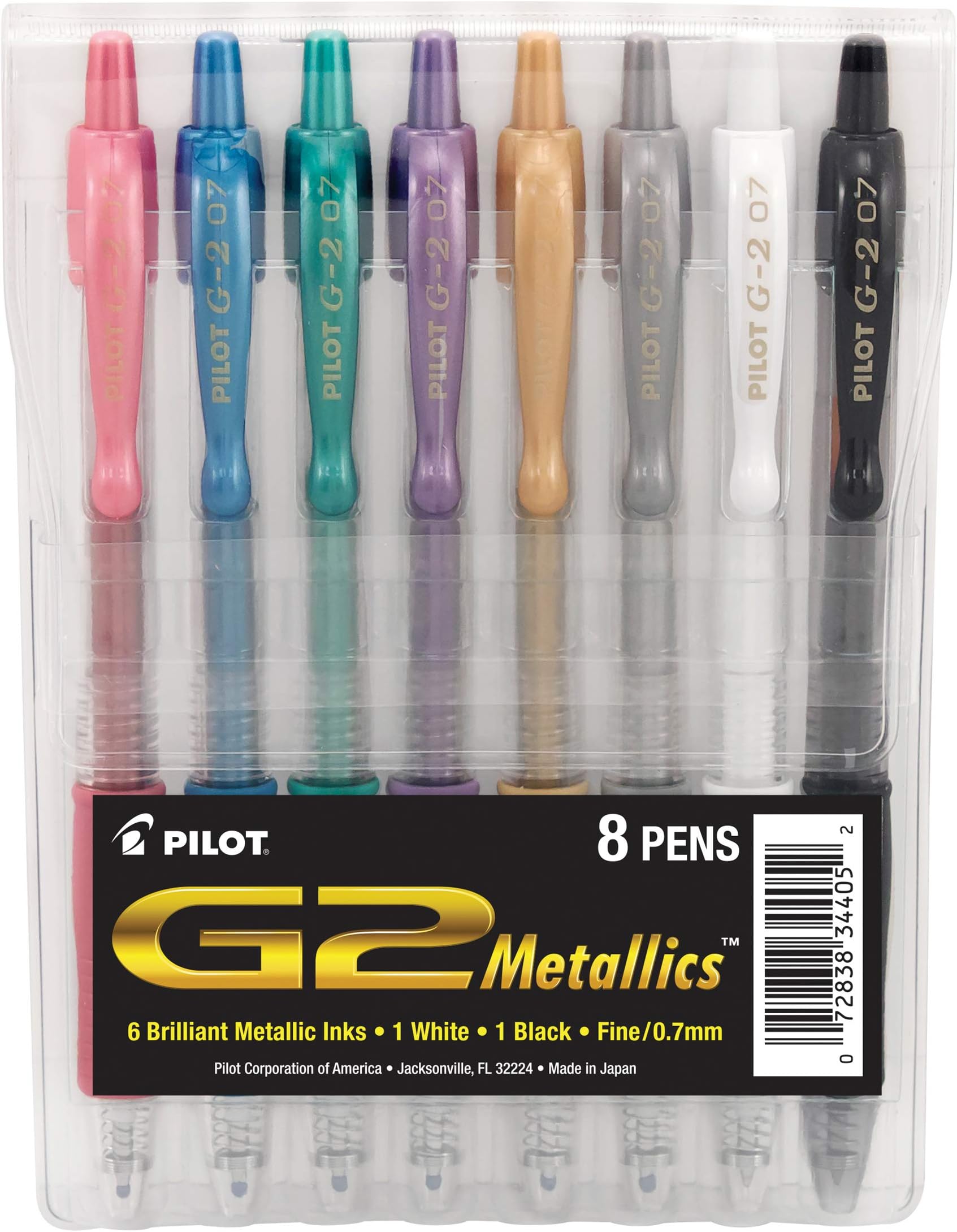 G2 Metallics Gel Roller Pens Fine Point (.7 mm) Assorted Color Inks 8-Pack Pouch (34405), Pink, Blue, Green, Purple, Gold, Silver, White & Black; Retractable, Refillable & Premium Comfort Grip