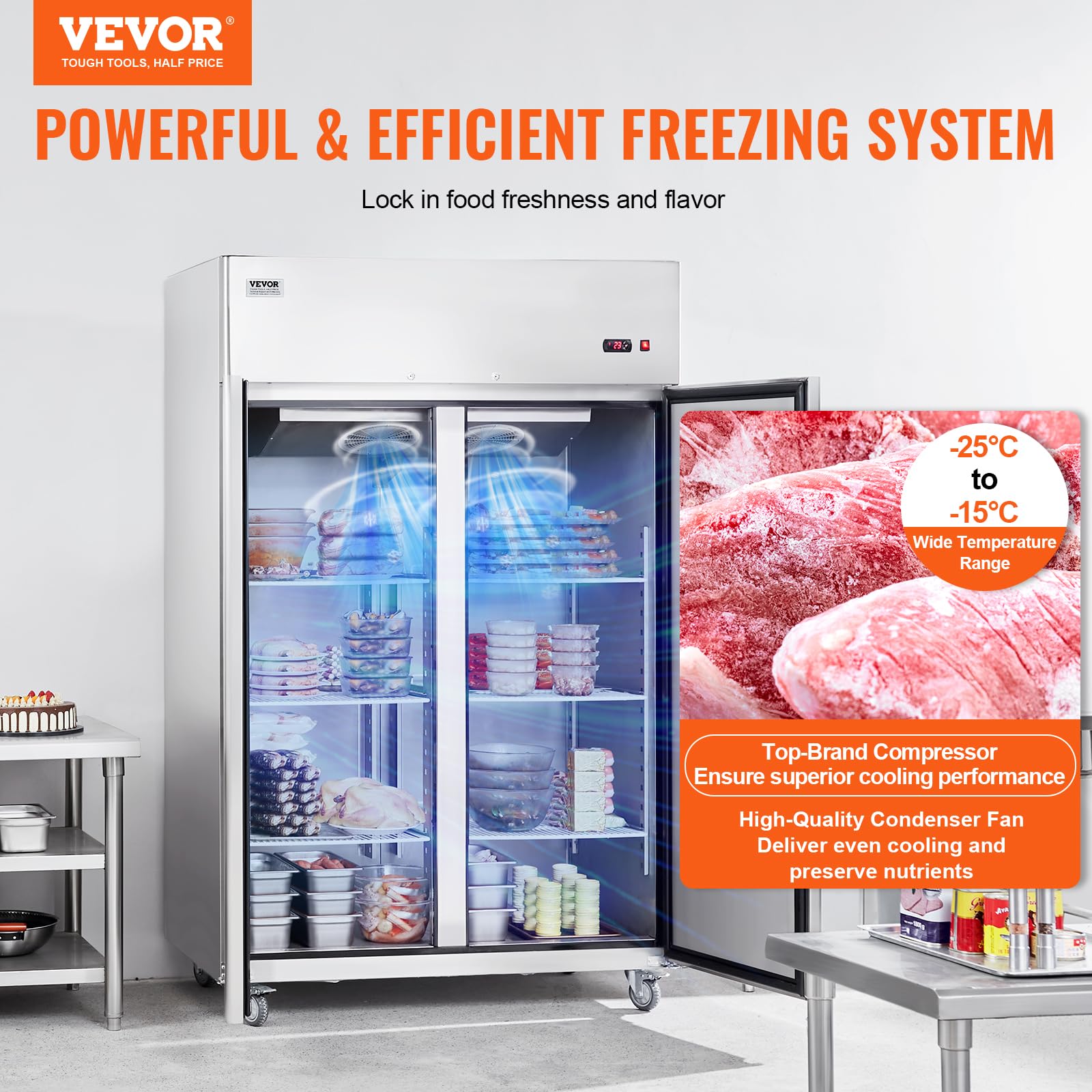 VEVOR Congelatore Commerciale 1382 x 800 x 2110 mm Congelatore Verticale a 2 Porte 1252 L in Acciaio Inossidabile con Sbrinamento Automatico, 6 Ripiani Regolabili, Controllo Temperatura -25 a -15°C