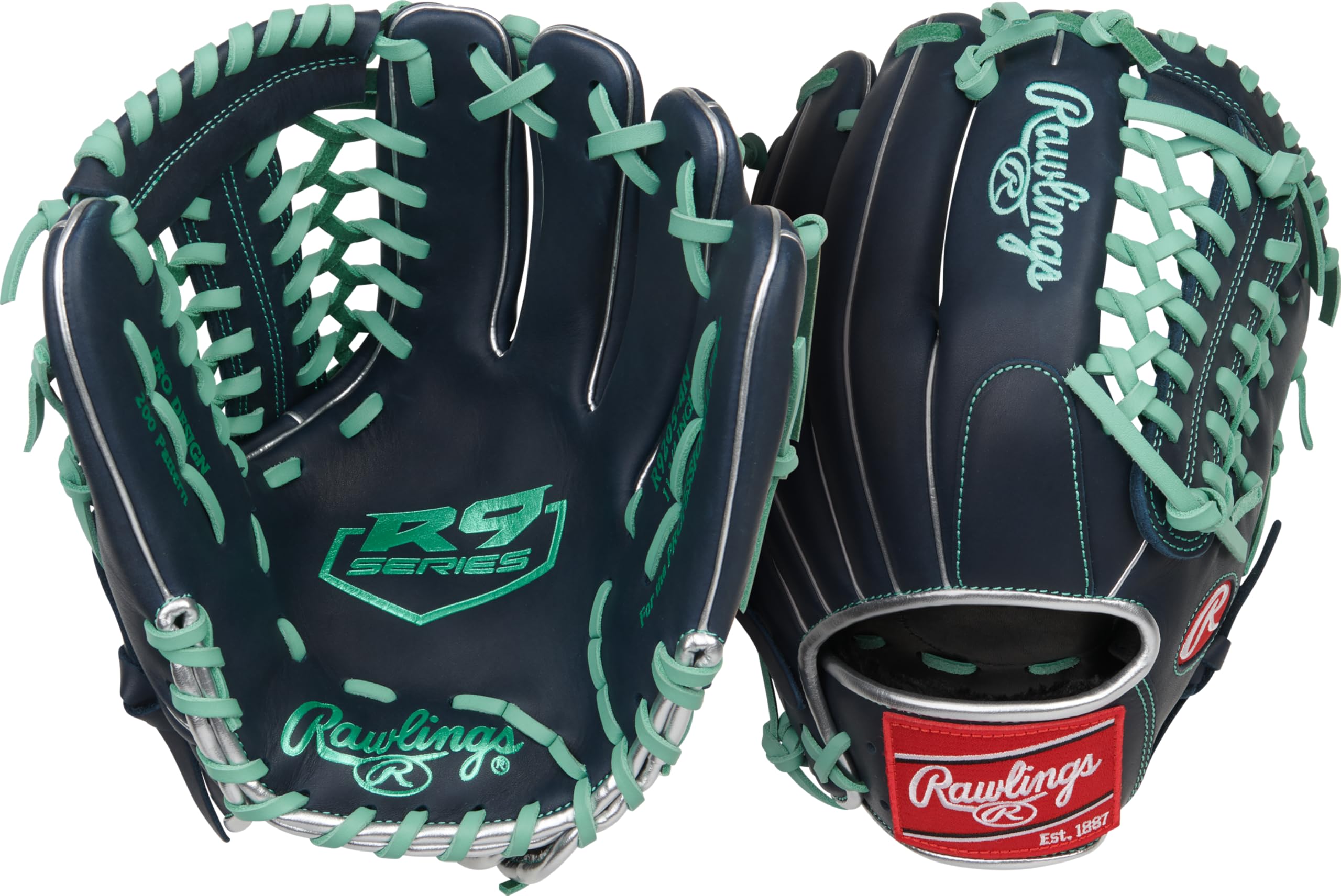 Rawlings - R9 Series Baseball Glove 11.7" Left Handed Launcher Blue/Green (Navy/Mint)
