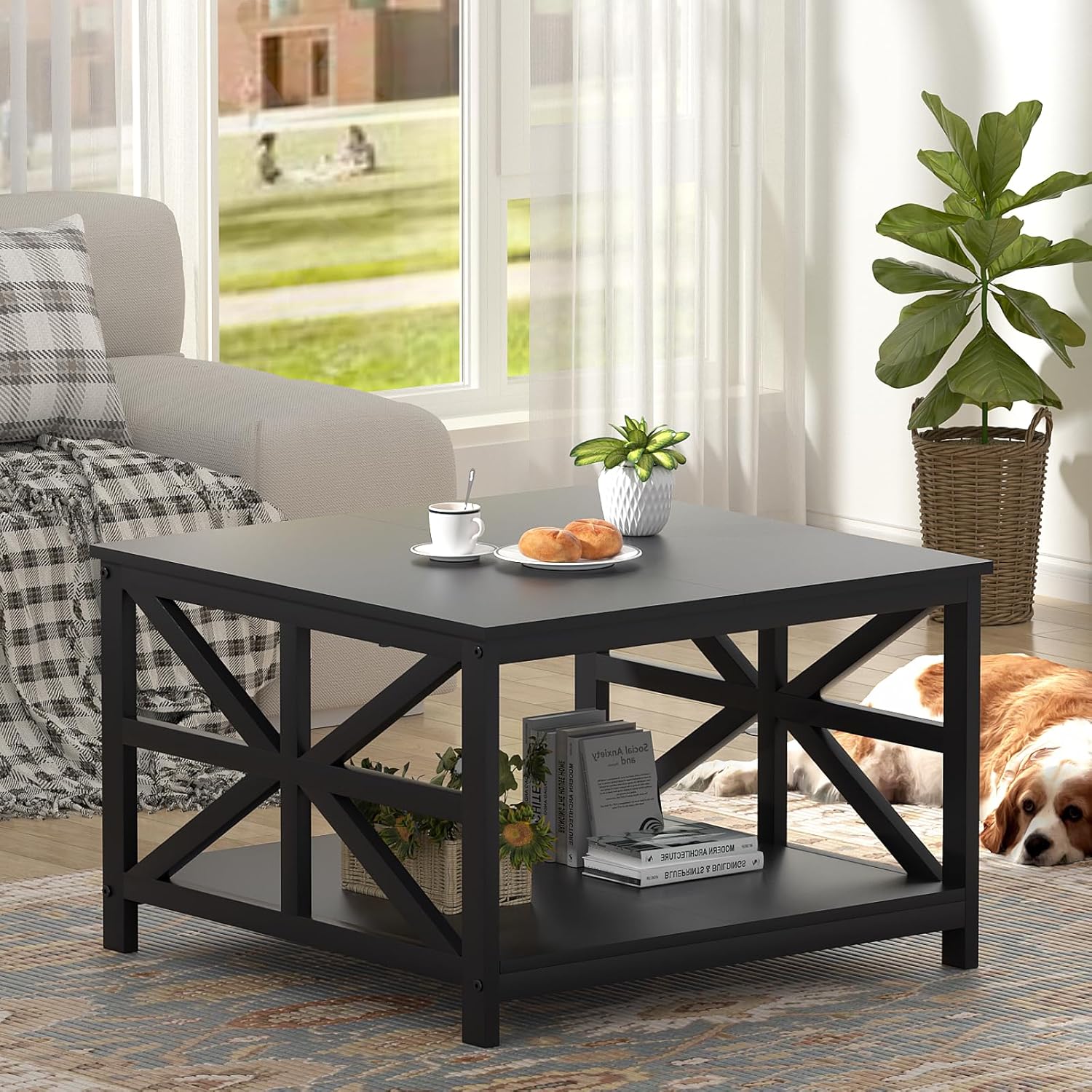 GreenForest Coffee Table with Storage, Small Coffee Table with Split Tabletop for Living Room, 27.6 inch Modern Square Sofa Table Center Table for Small Spaces, Easy Assembly, Black