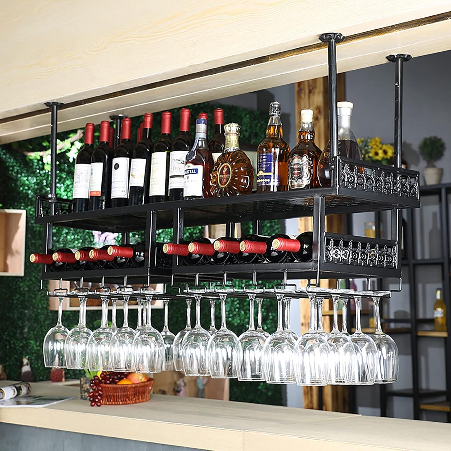 Ceiling Wine Glass Rack Metal Ceiling Black Wine Rack,Height Adjustable,2-Layer Industrial Shelf,Goblet Stemware Holder,for Restaurants/Bars/Home Ceiling Decorative Storage Rack