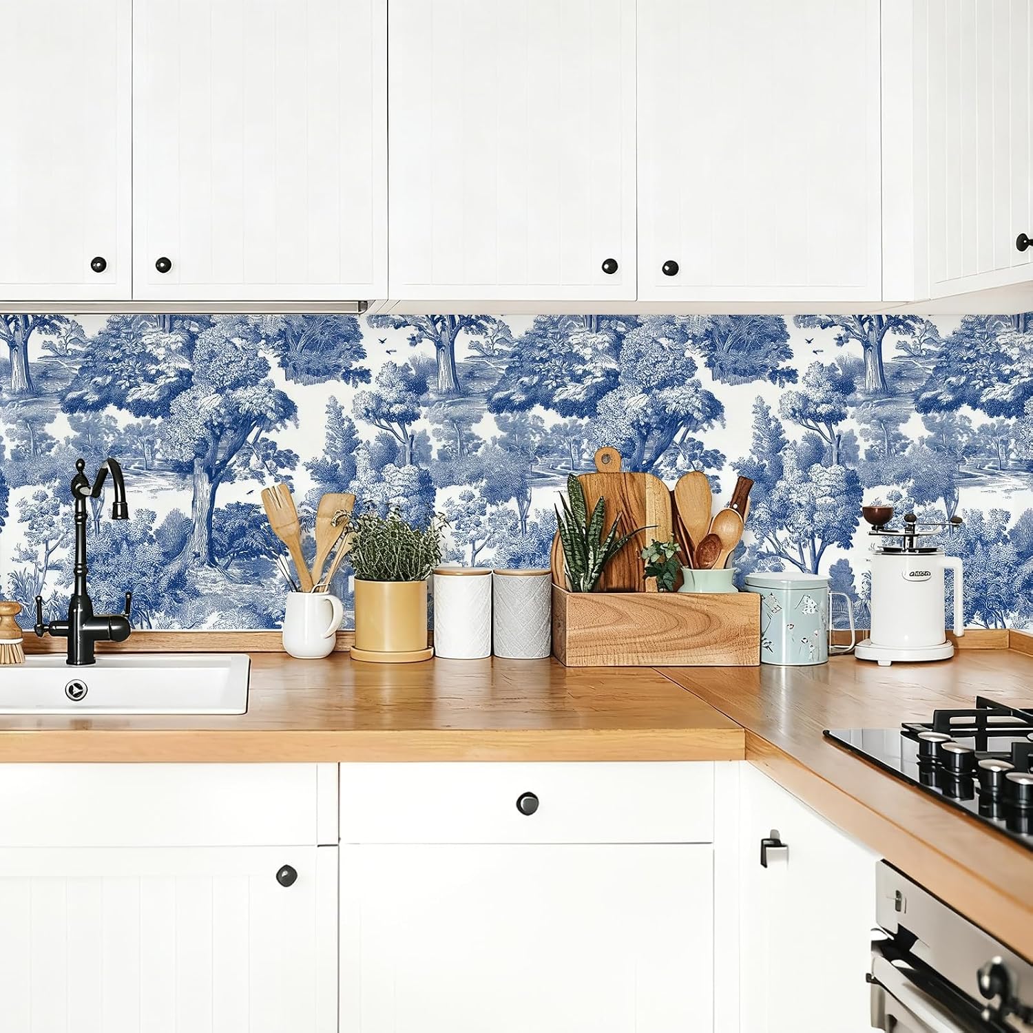 Blue Forest Elegant Vintage Wallpaper Self Adhesive Peel and Stick Watercolor Whimsical Botanical Leaf Tree Paper Removable Waterproof for Bedroom Renter Friendly 17.71"x118.1"