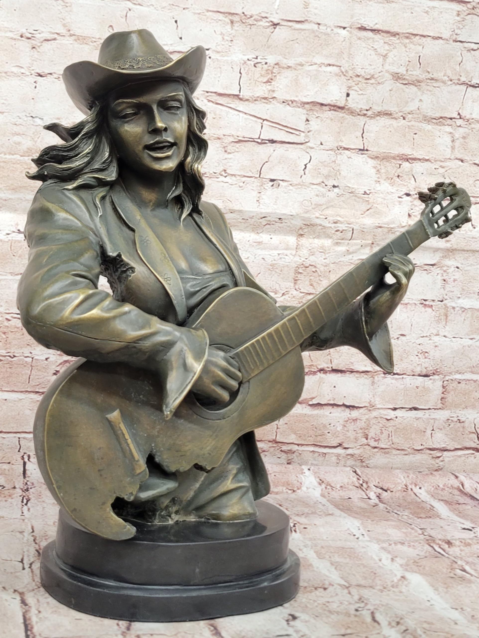 Signed Williams Bronze Sculpture â€“ Cowgirl Musician Bust with Guitar on Marble Base Handmade Figurine Artwork Sale by Finery Bronze