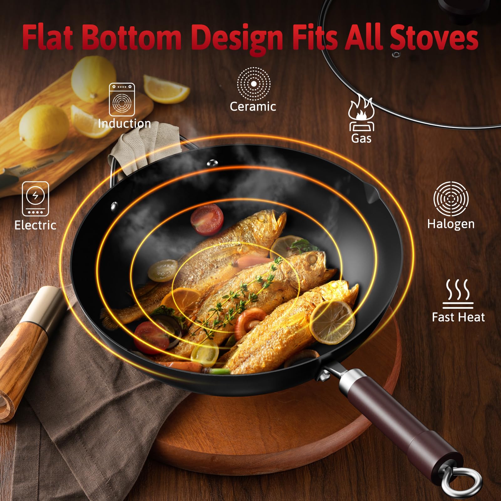 Jobin 32 cm/12,6'' Wok en Acier au Carbone Avec Couvercle, Poignées en Bois et Acier, Permet de Cuisiner des Plats Asiatiques Pour 3 à 5 Personnes - Fond Plat